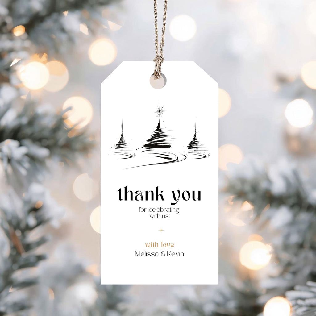 Minimal Christmas thank you gift tag template with a Christmas tree design, in front of a blurred Christmas tree
