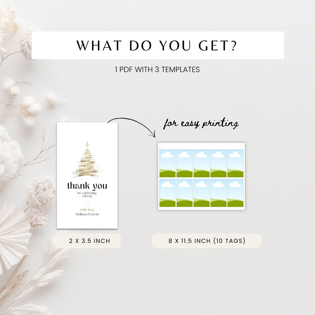 Printable sheet of golden Christmas thank you gift tags, 10 tags on one page