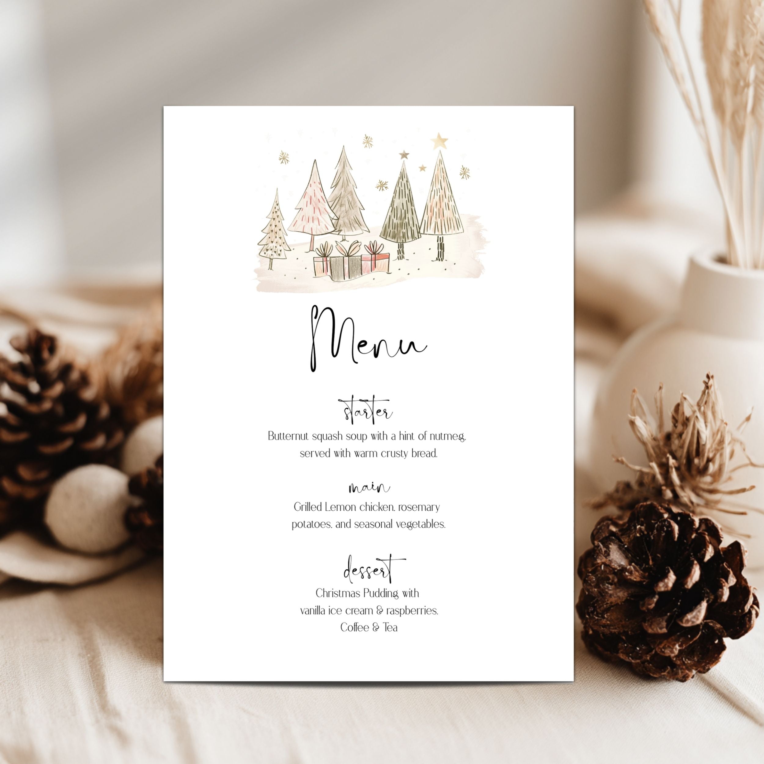 A vertical white watercolor christmas menu card with a hand-drawn winter tree illustration at the top and elegant black script text, styled on a beige fabric surface with pinecones and dried grasses in a ceramic vase.