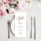 A vertical christmas menu card with a watercolor winter tree illustration, styled on a white plate with silver cutlery and pink roses in the background.