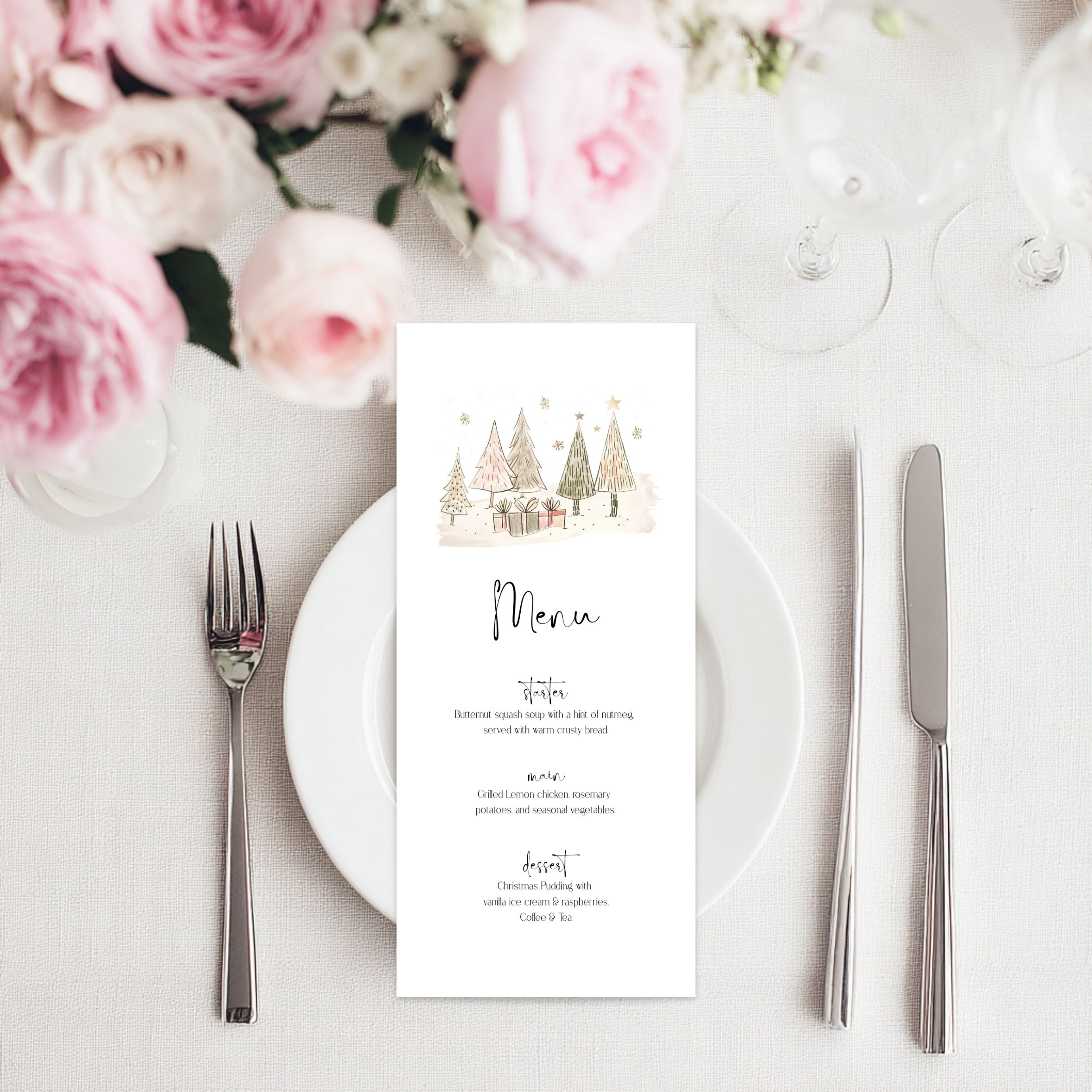 A vertical christmas menu card with a watercolor winter tree illustration, styled on a white plate with silver cutlery and pink roses in the background.