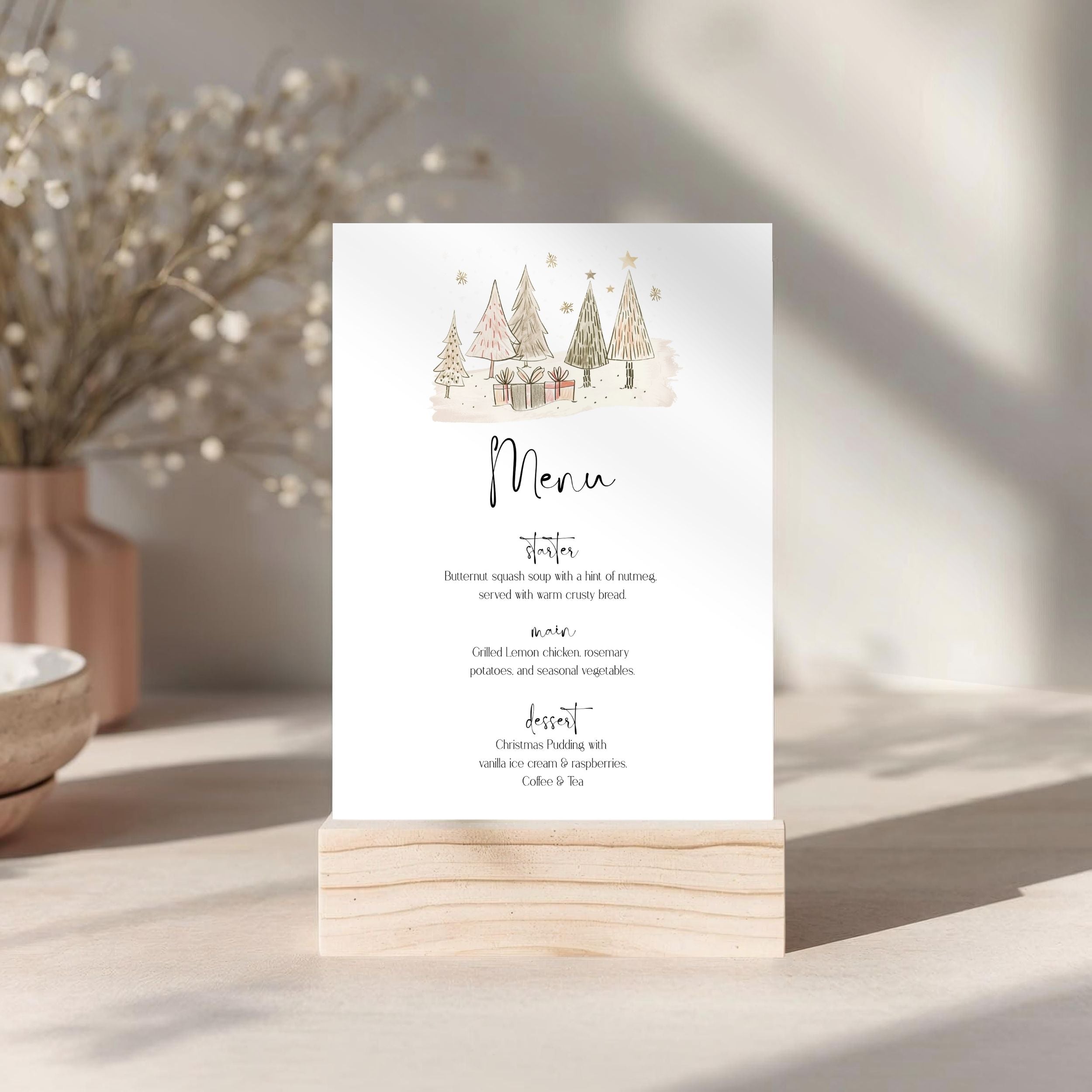 Christmas-themed menu card on a wooden stand with decorative elements.