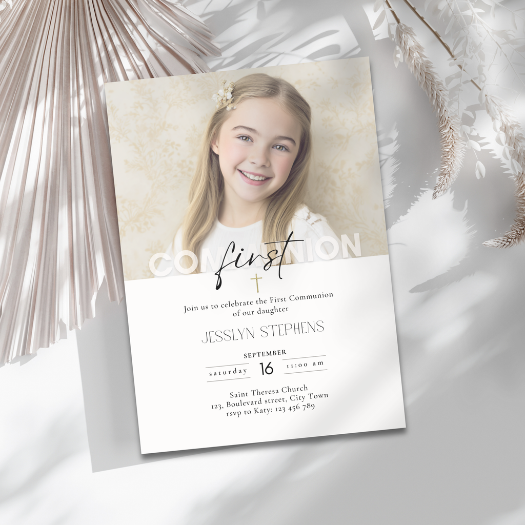 First Communion invitation with a photo of a young girl on a white background