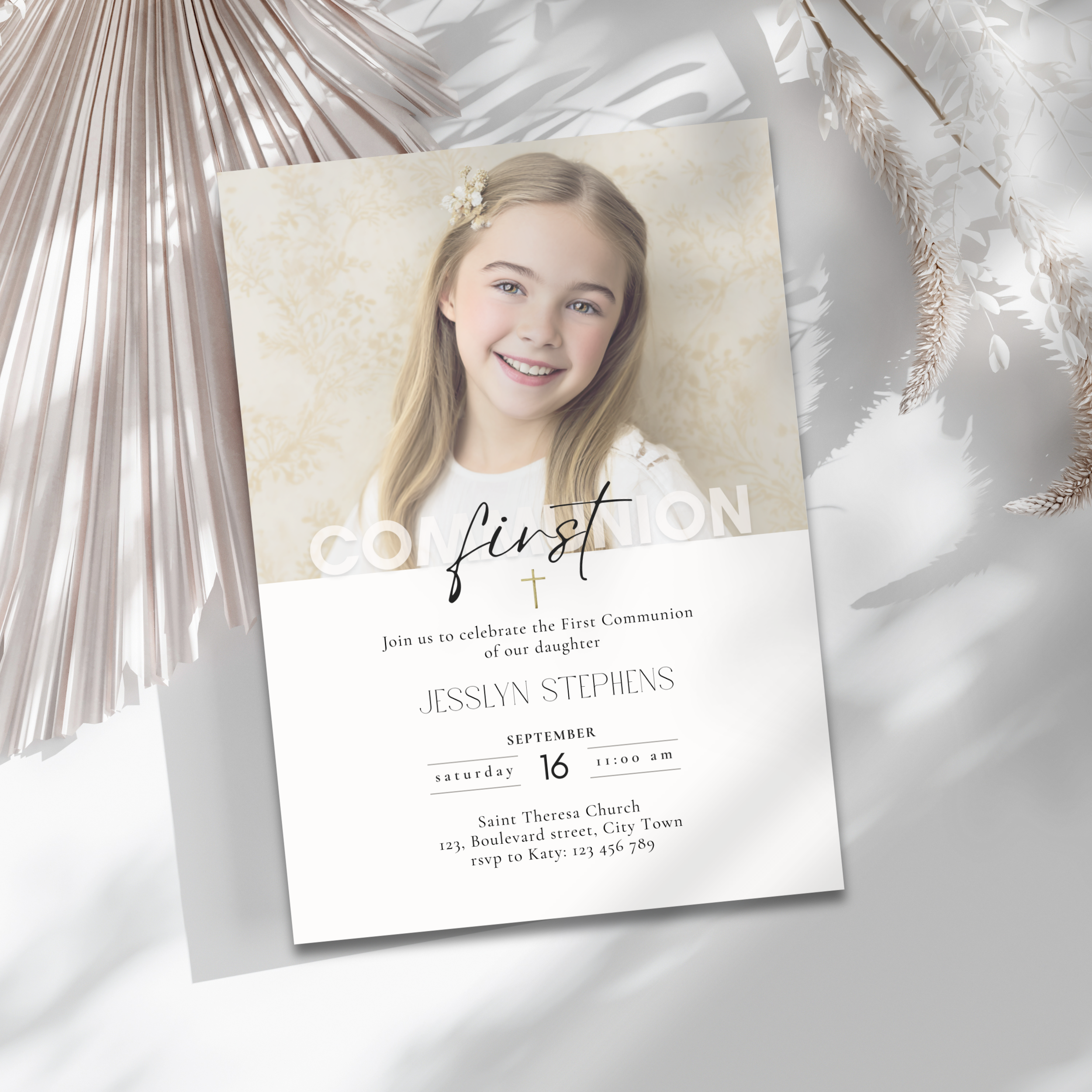 First Communion invitation with a photo of a young girl on a white background