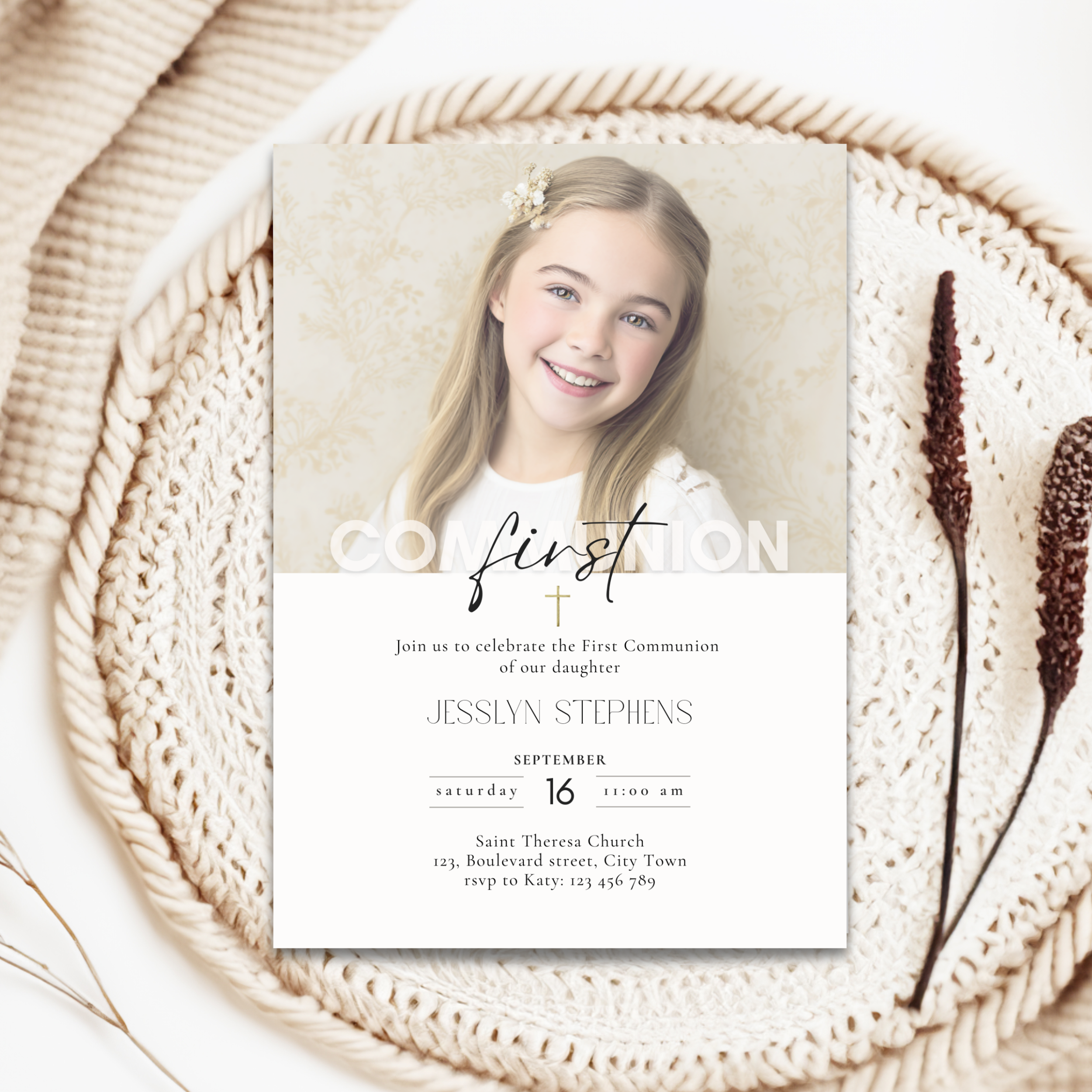 First Communion invitation card with a photo of a young girl on a woven basket background