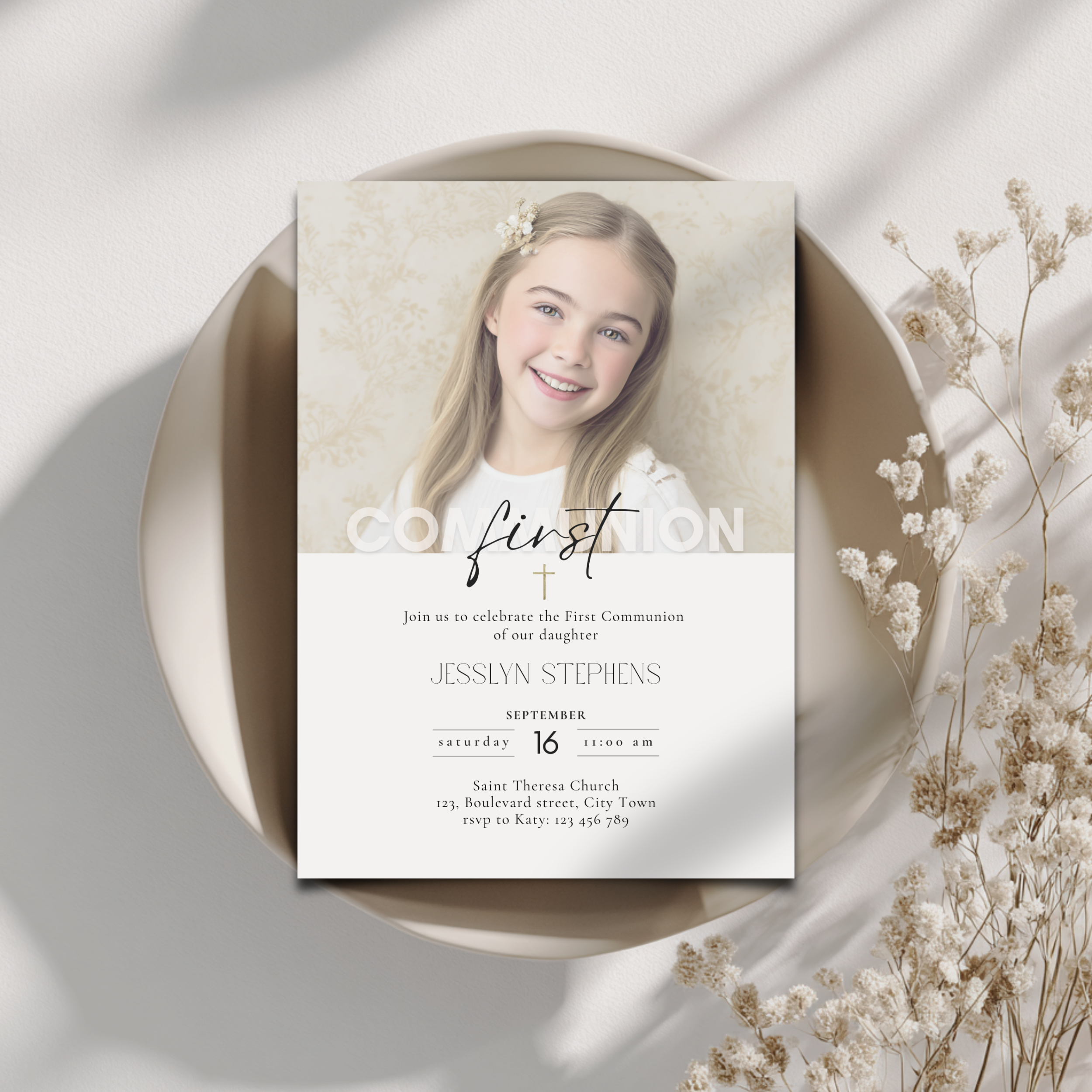 Invitation card for a first communion celebration with a photo of a young girl on a white background.