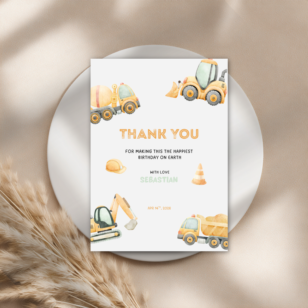 Construction Birthday Thank You Card Truck