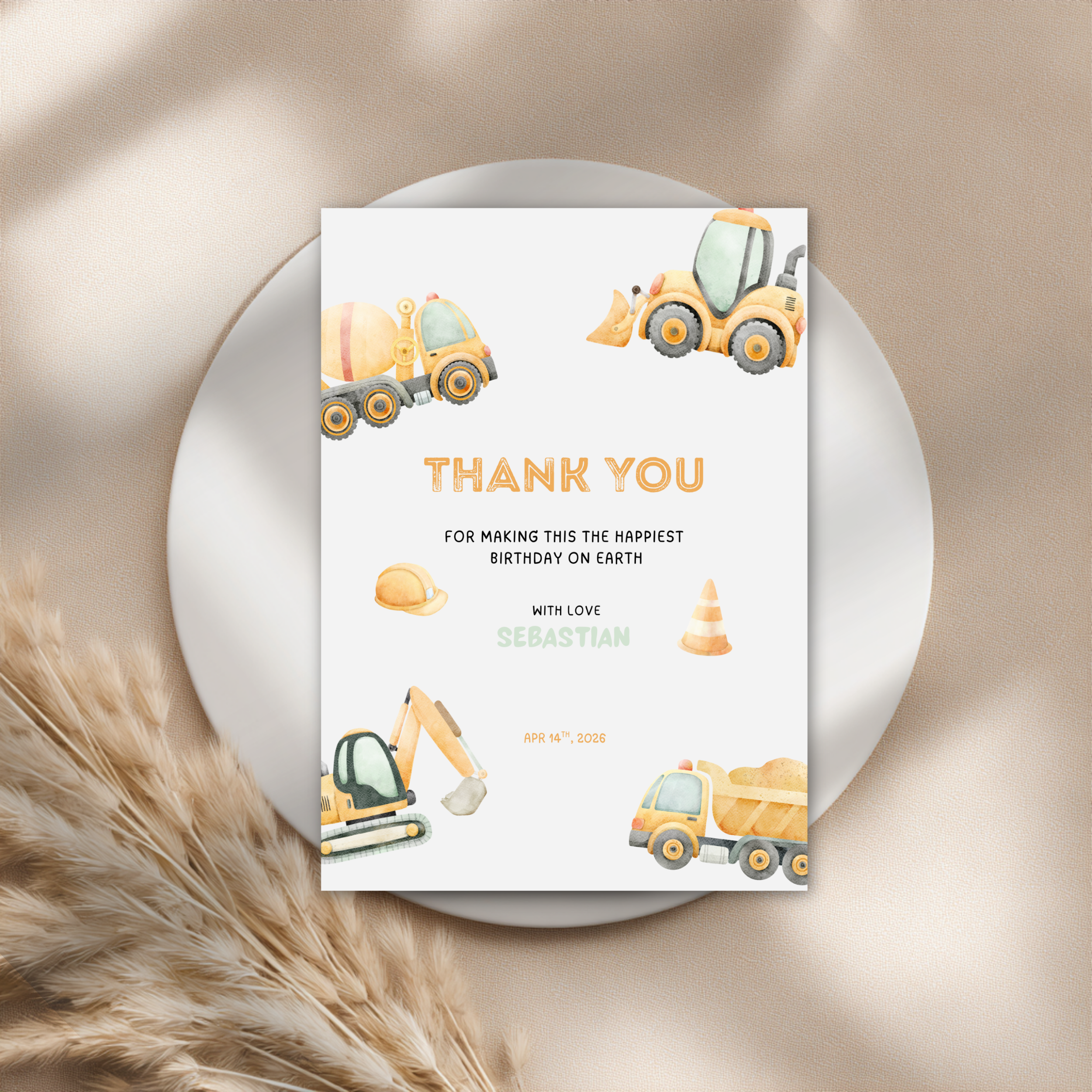 Construction Birthday Thank You Card Truck