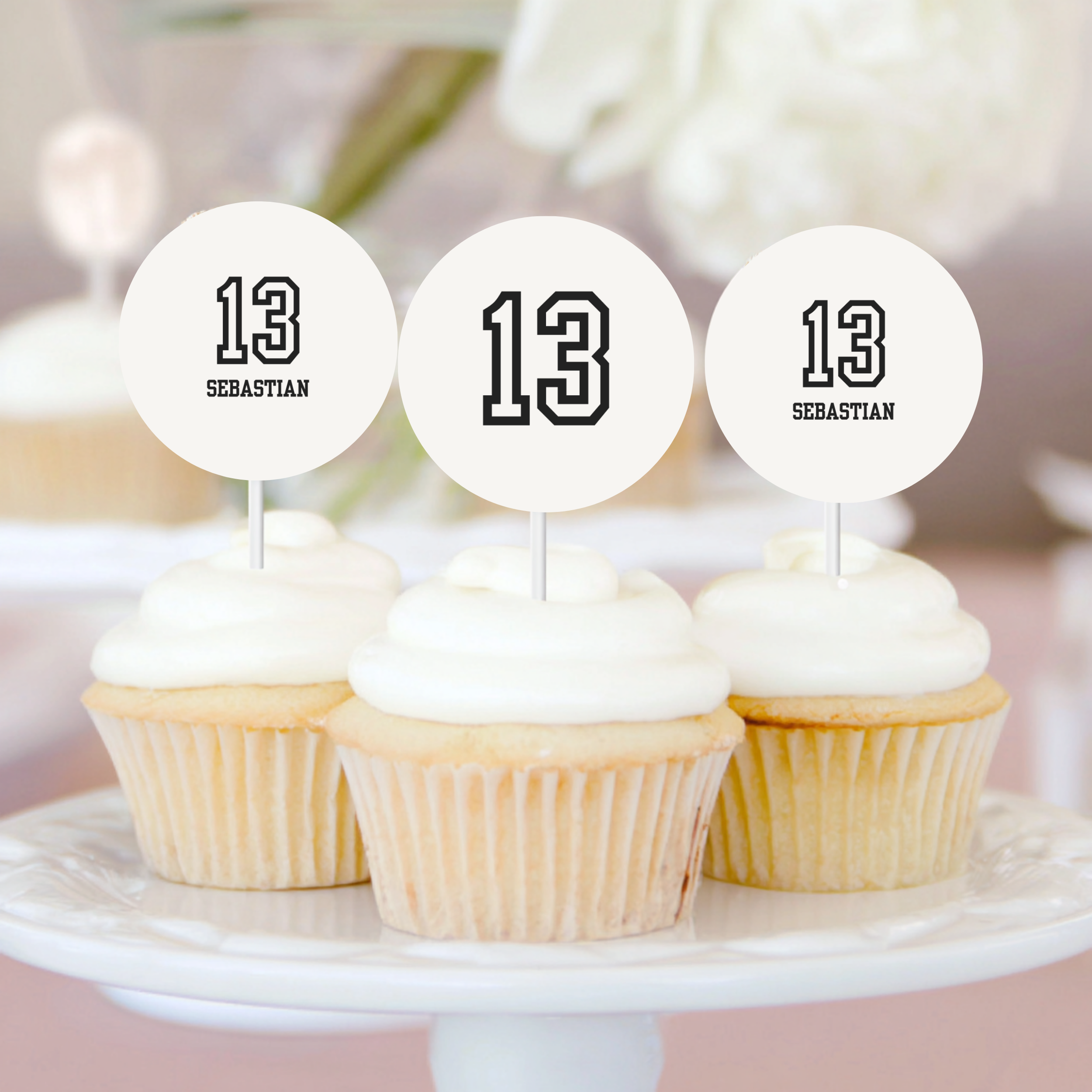Minimal Sports 13th Birthday Cupcake Toppers