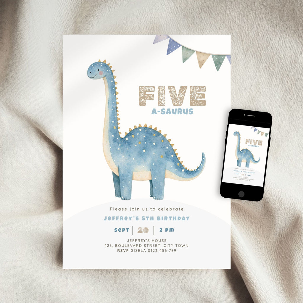 A baby dinosaur 5th birthday invitation card for a five-year-old, styled on a soft beige fabric background next to a smartphone displaying the digital version of the design.