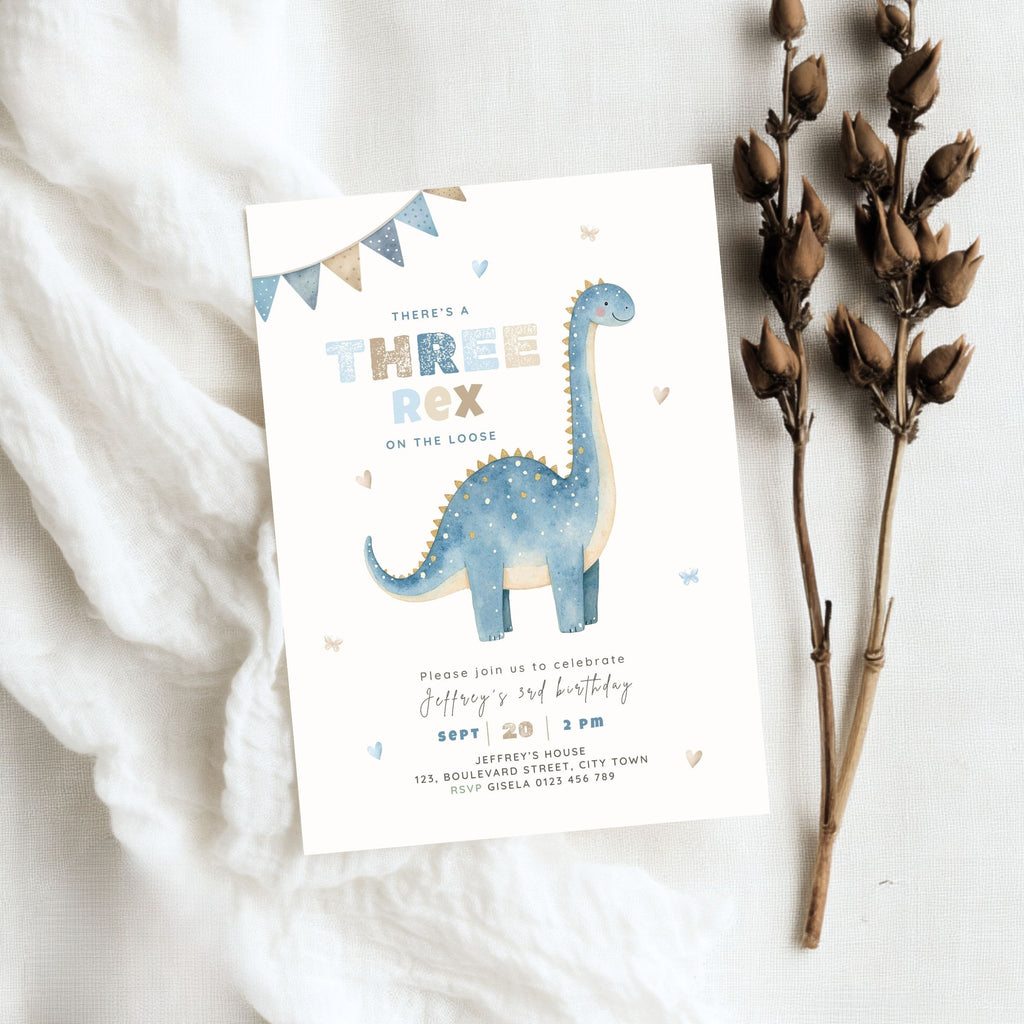 Dinosaur Three Rex 3rd Birthday Invitation Template Boys