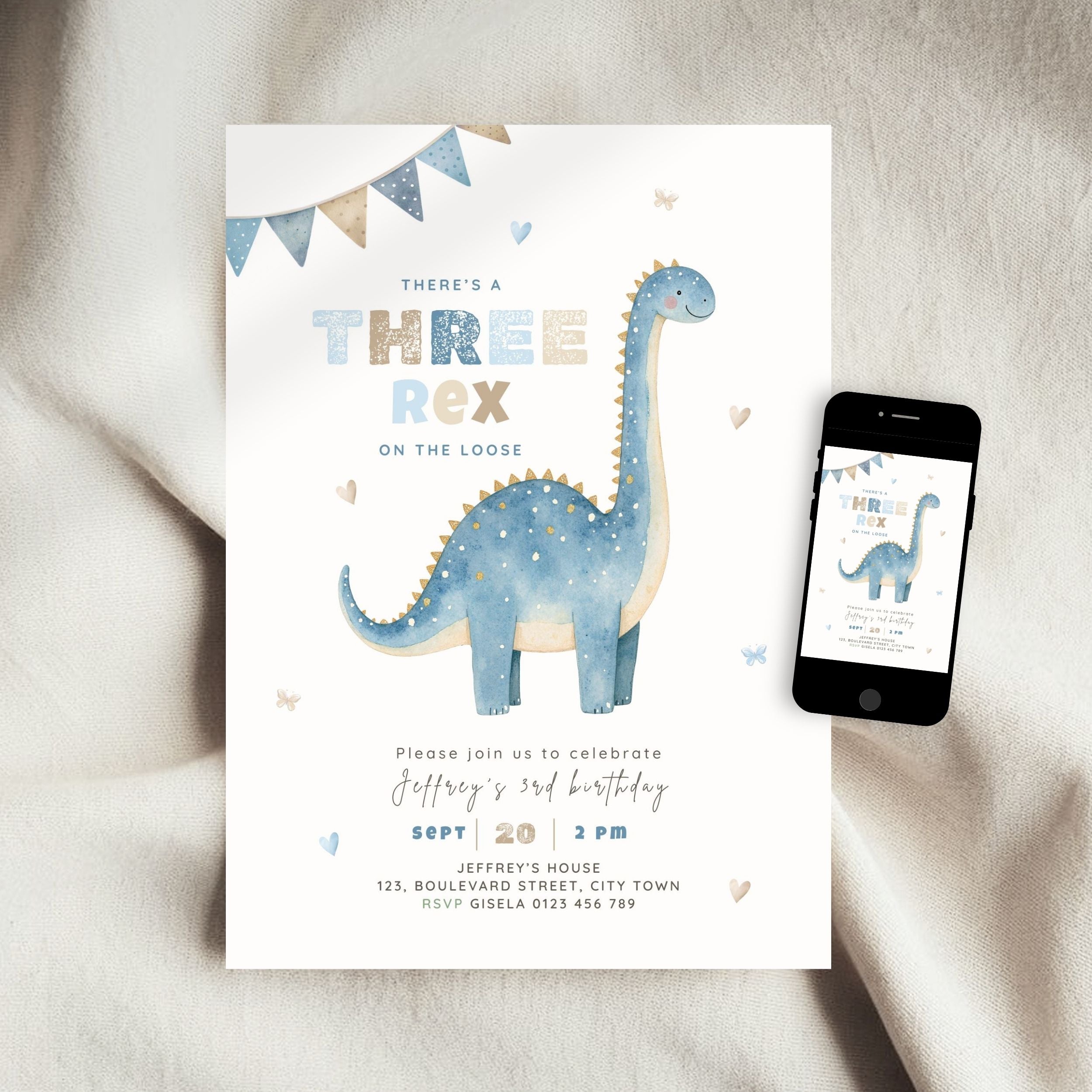 Dinosaur Three Rex 3rd Birthday Invitation Template Boys