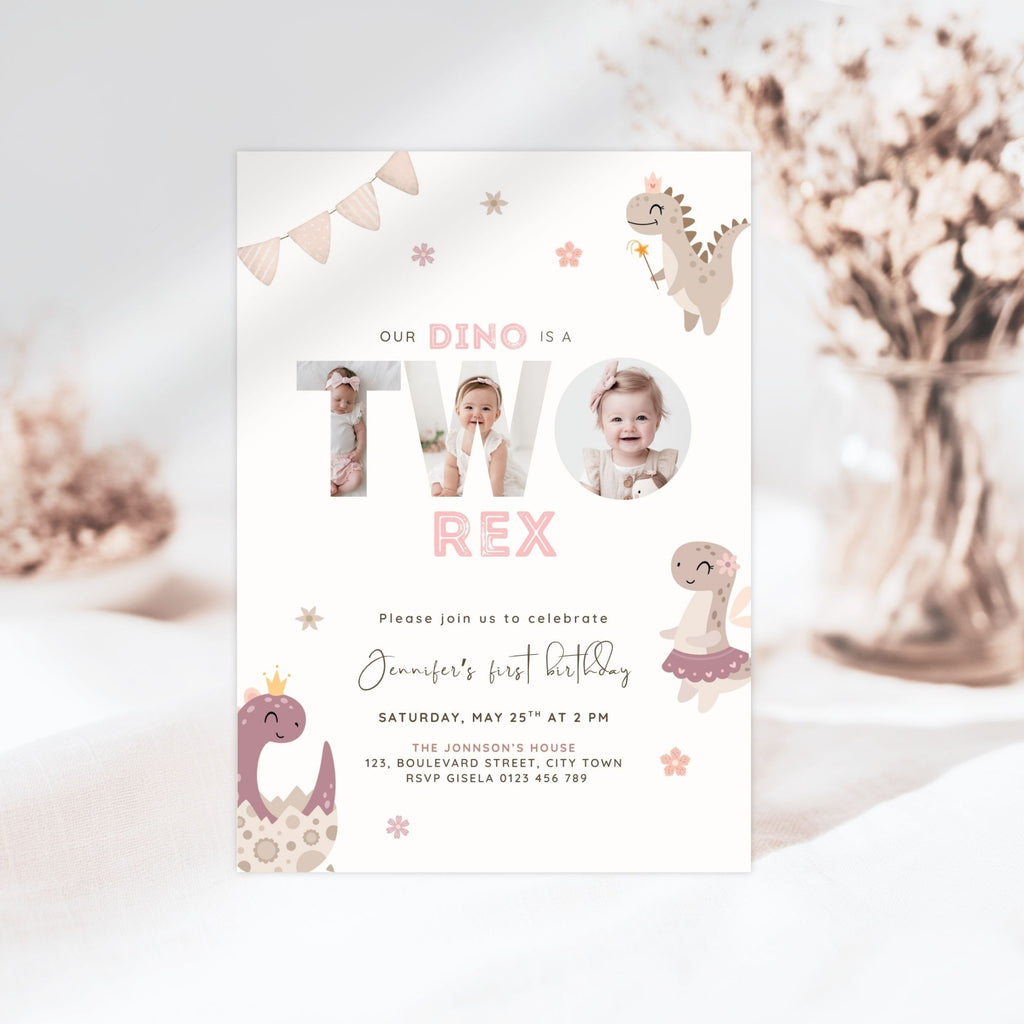 A children's 2nd birthday invitation card for a dinosaur-themed first birthday, featuring pastel illustrations of dinosaurs, stars, and banners on a white background. The card includes photo cutouts for the child and text reading 'Our Dino is a Two Rex' and 'Jennifer's first birthday.