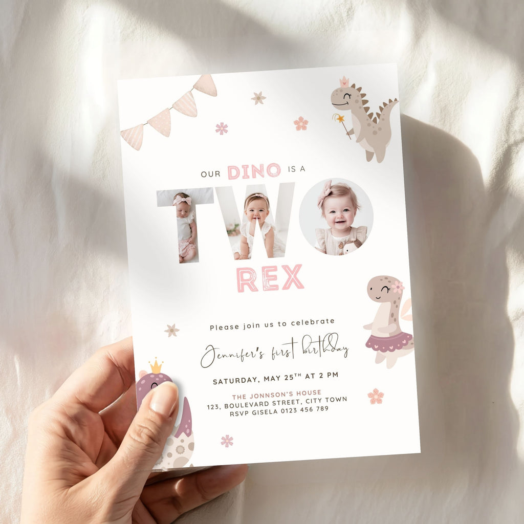 Pink Two Rex 2nd Birthday Photo Invitation Template Girls