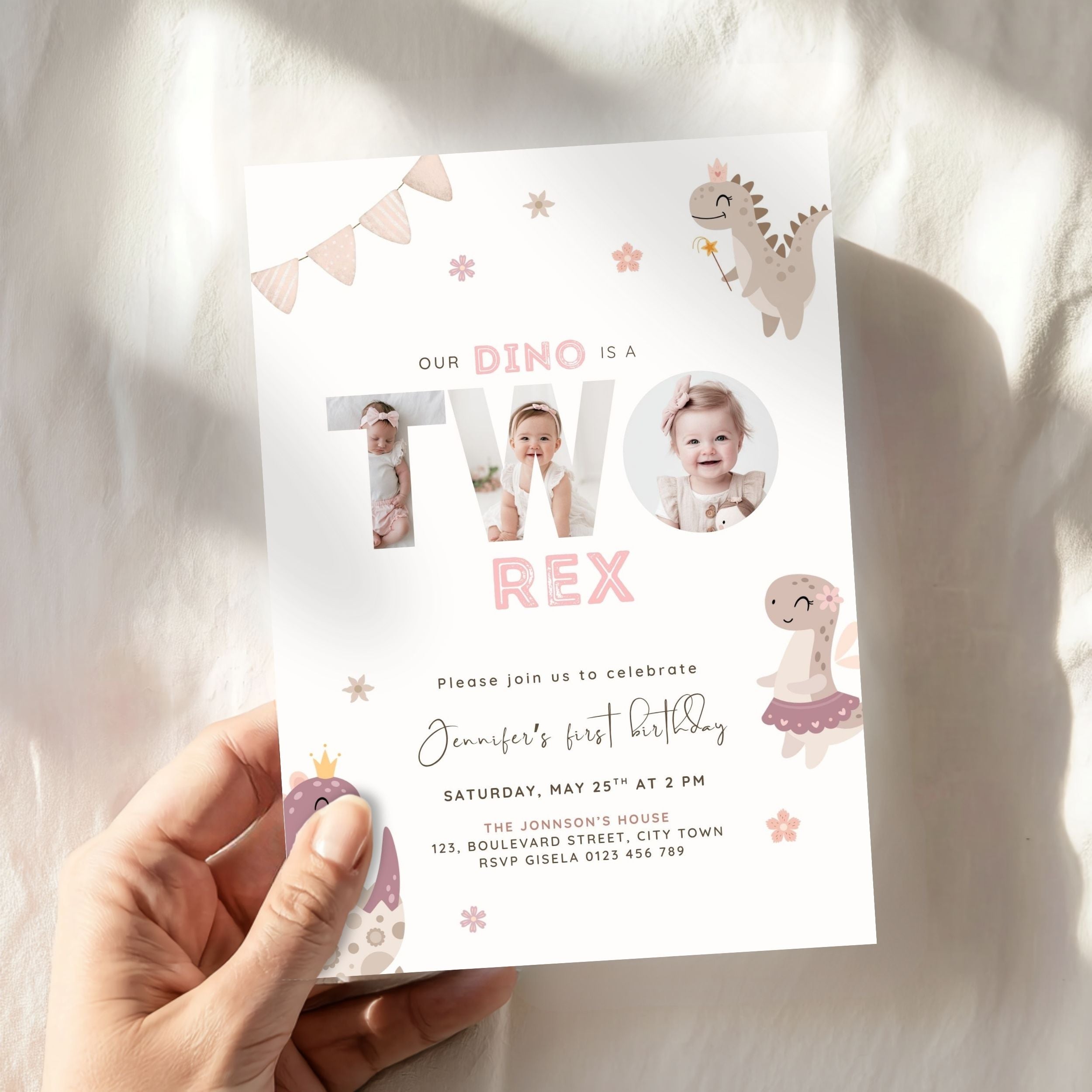 Pink Two Rex 2nd Birthday Photo Invitation Template Girls