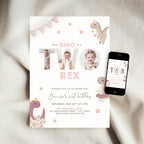 Pink Two Rex 2nd Birthday Photo Invitation Template Girls