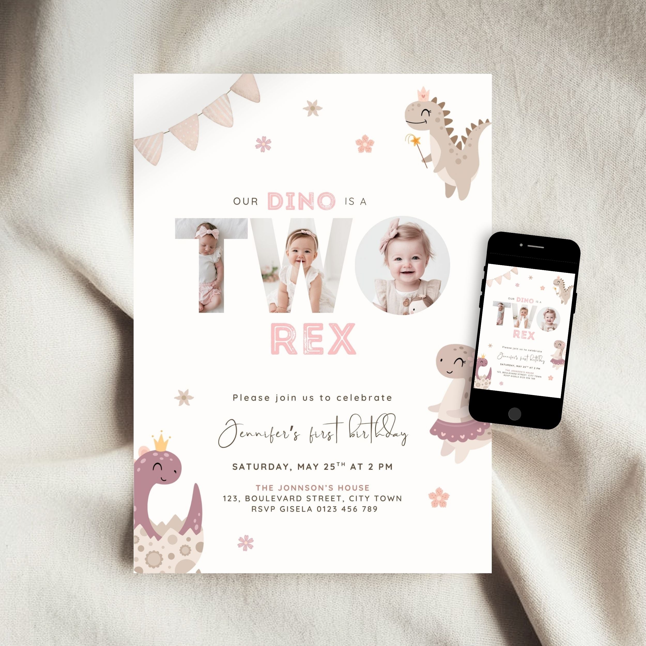Pink Two Rex 2nd Birthday Photo Invitation Template Girls