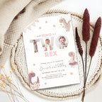 Pink Two Rex 2nd Birthday Photo Invitation Template Girls
