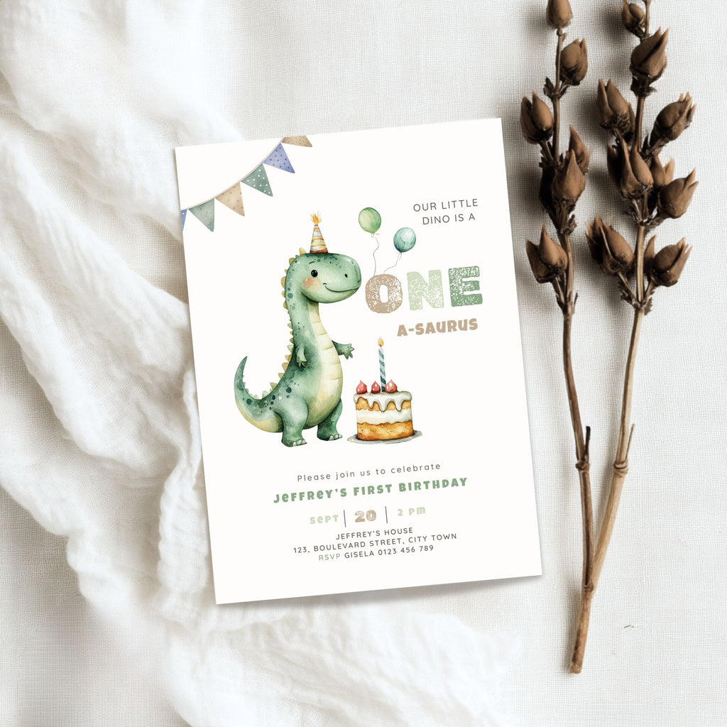 Green Dinosaur First Birthday Invitation