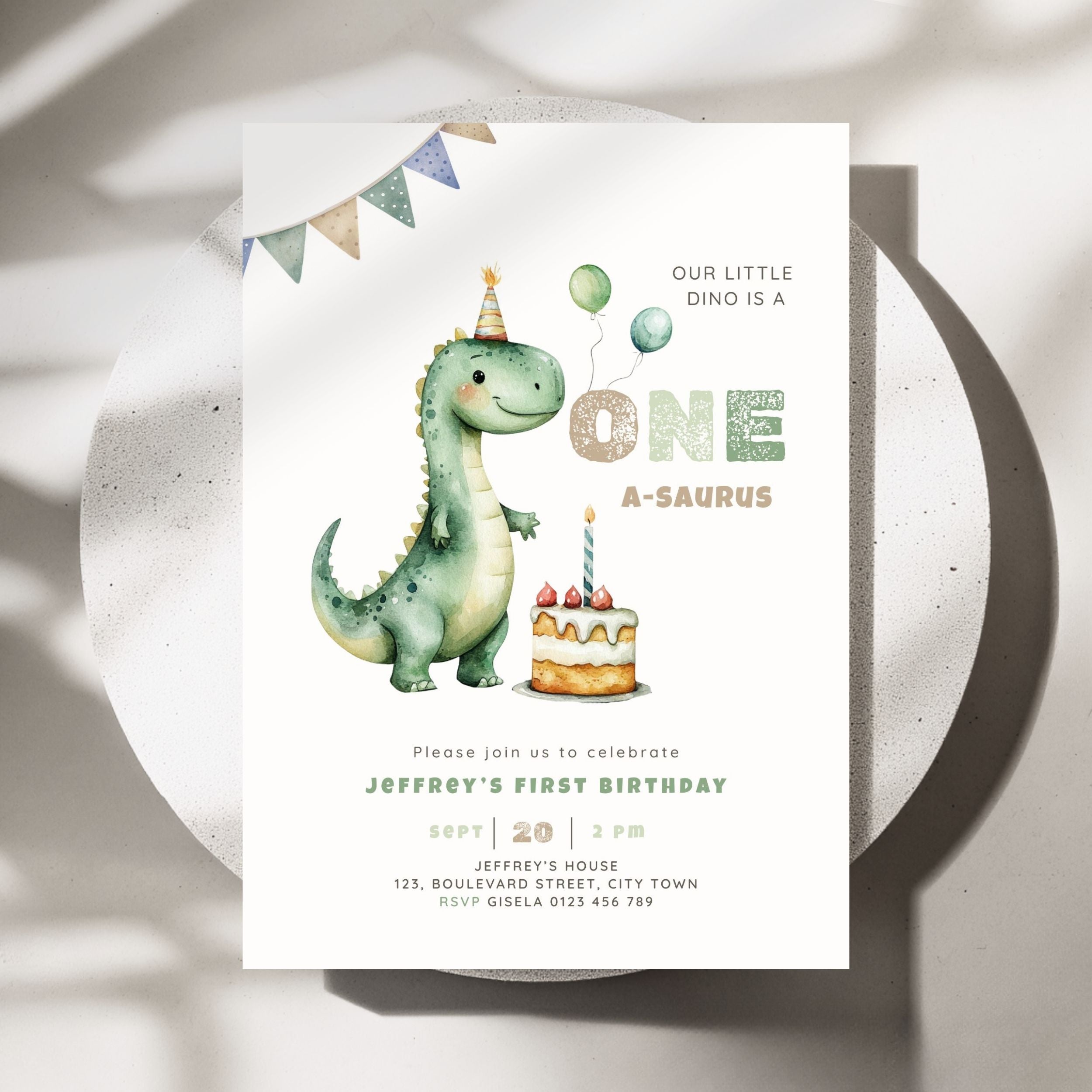 Green Dinosaur First Birthday Invitation