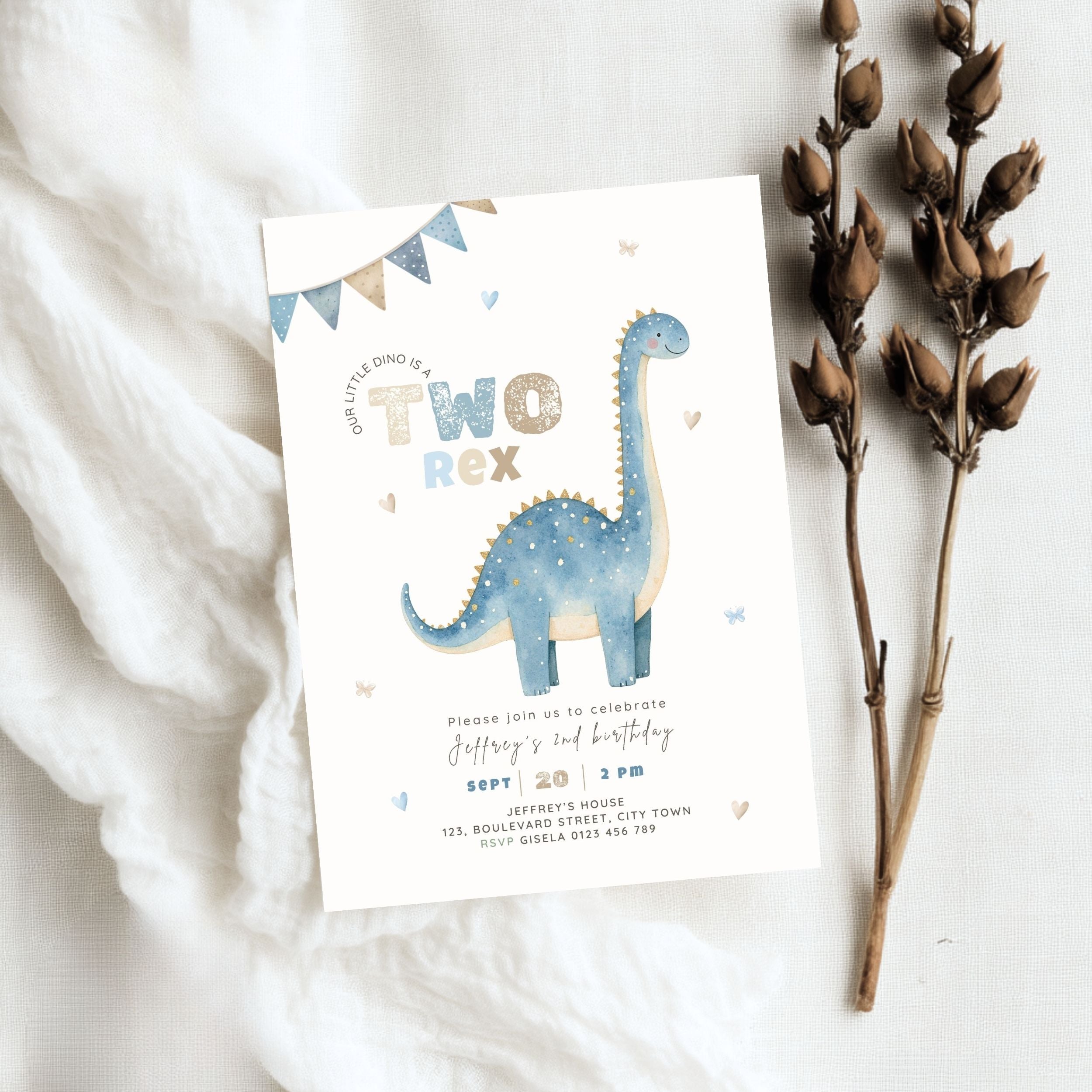 Blue Two Rex 2nd Birthday Invitation Template Boys