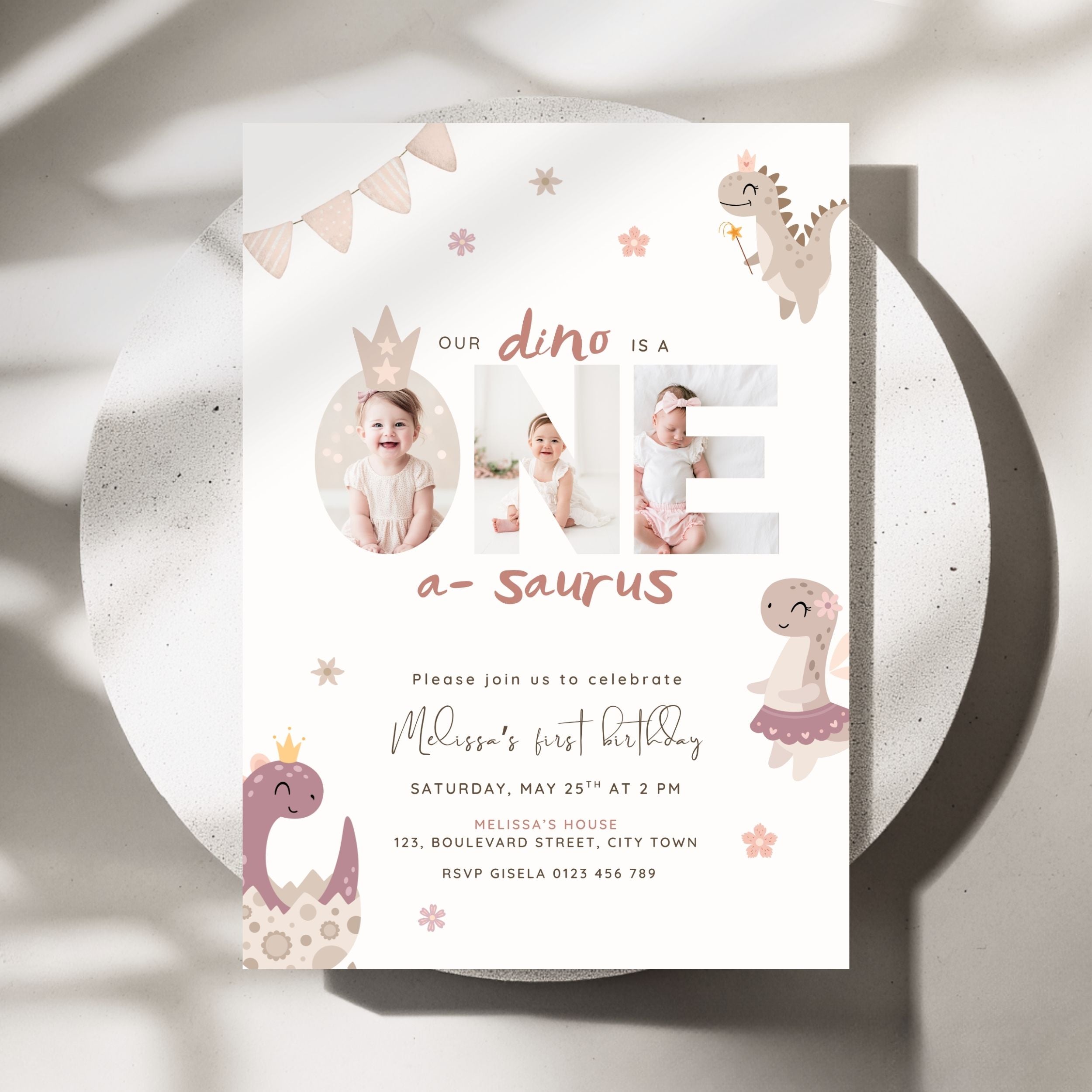 Pink Dinosaur First Birthday Photo Invitation Template Girls