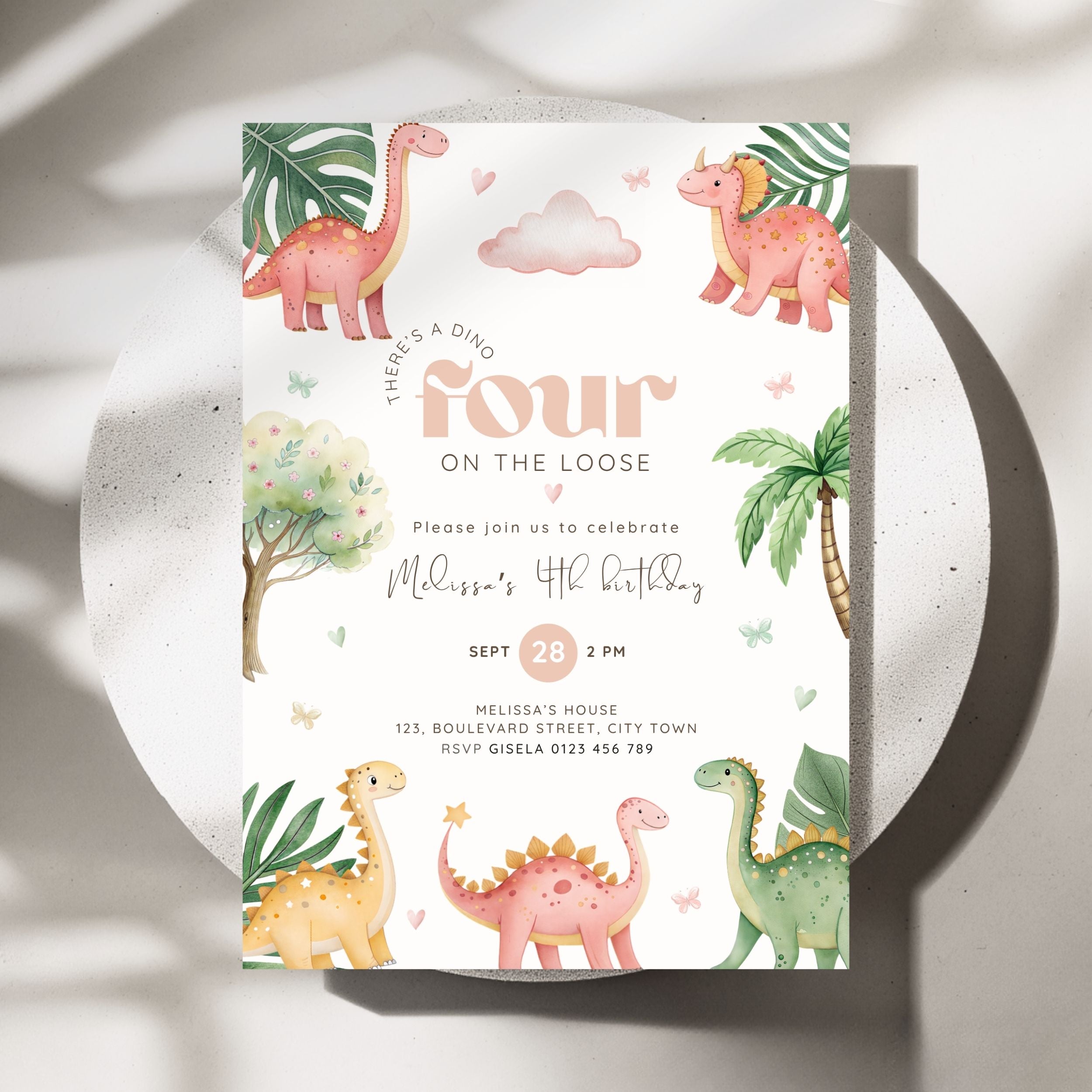Dino Four 4th Birthday Invitation Template Girls