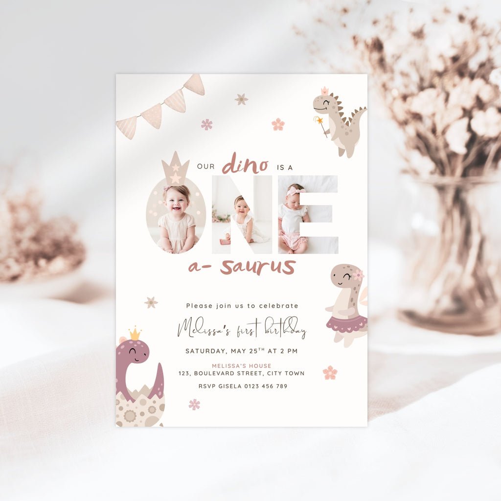 Pink Dinosaur First Birthday Photo Invitation Template Girls