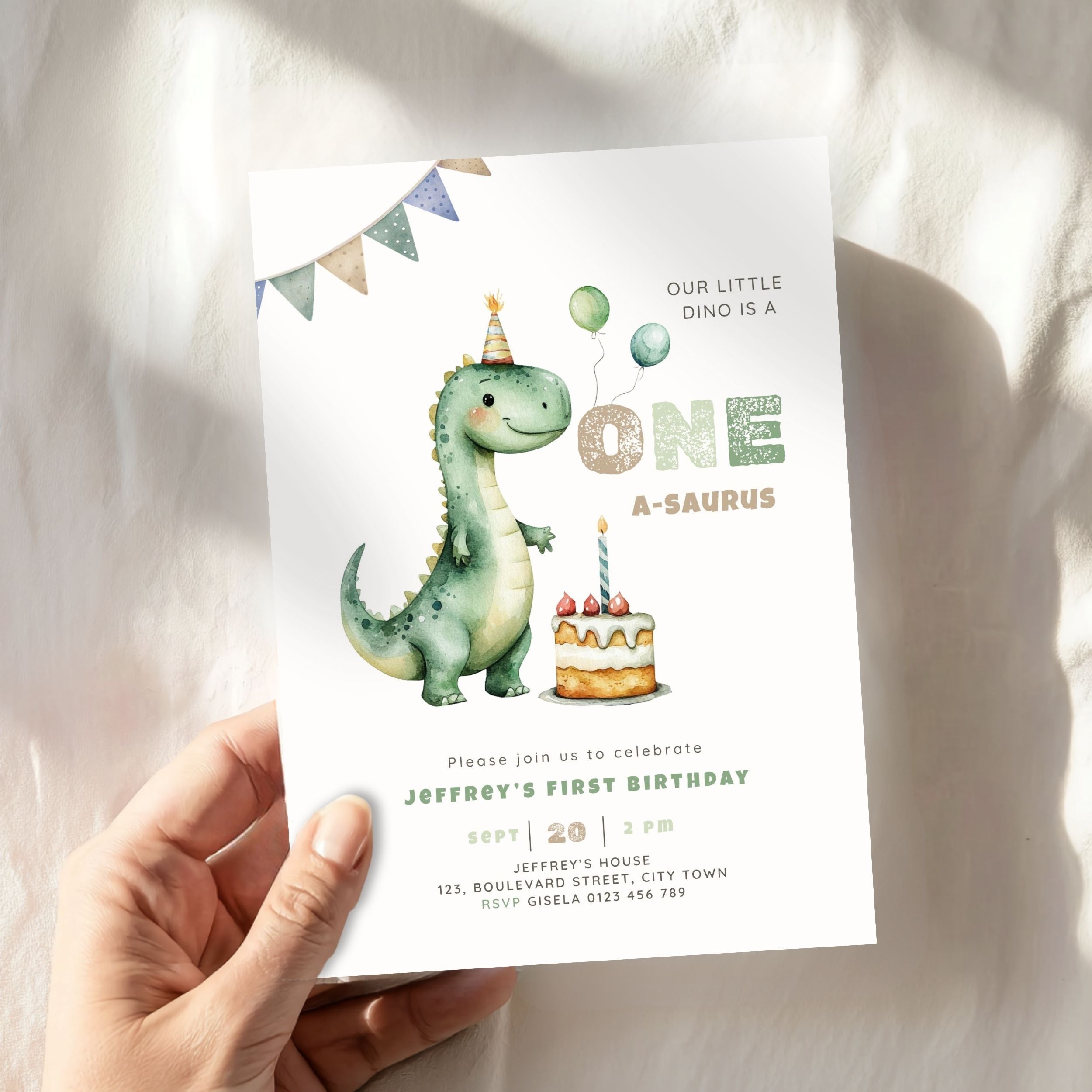 Green Dinosaur First Birthday Invitation