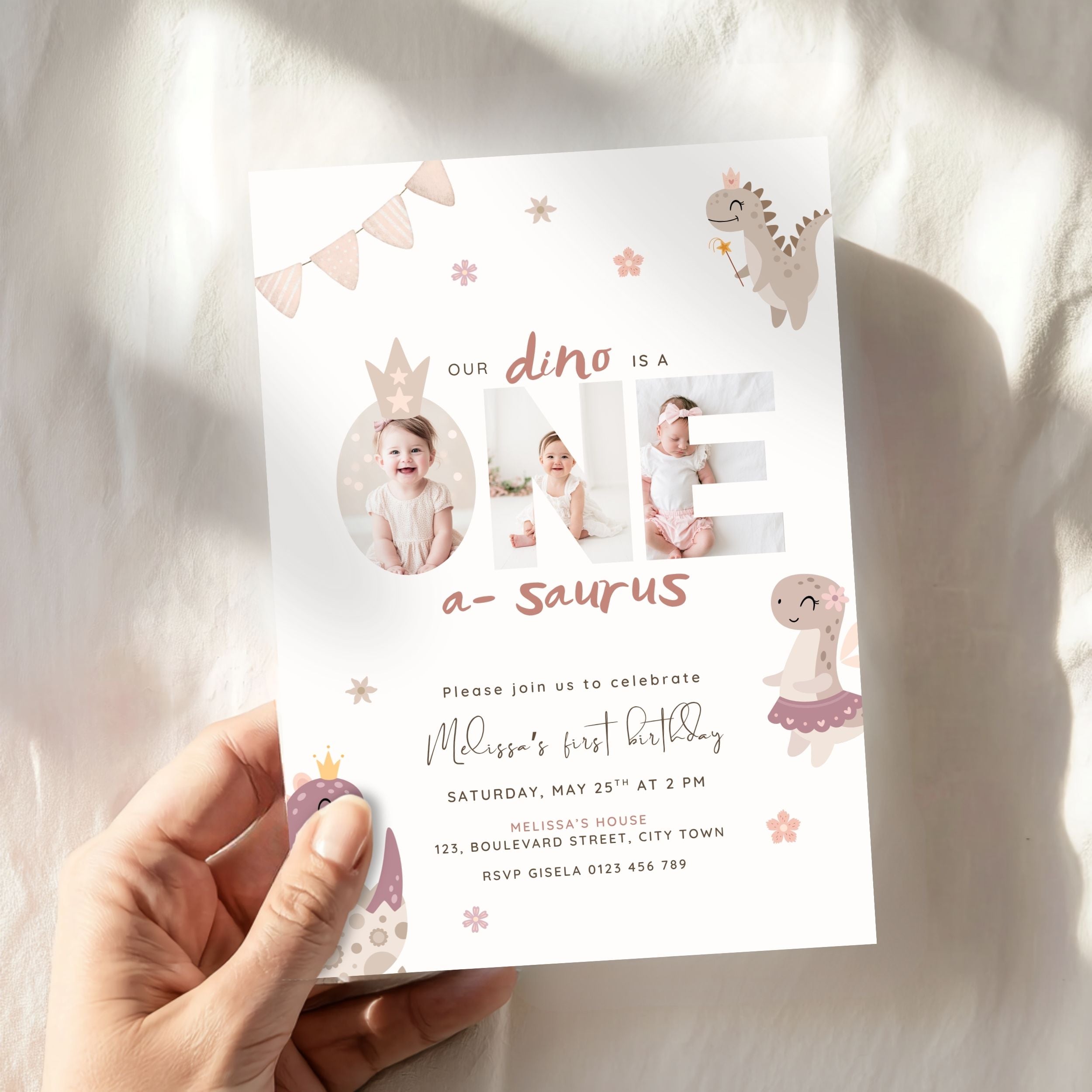 Pink Dinosaur First Birthday Photo Invitation Template Girls