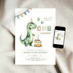 Green Dinosaur First Birthday Invitation