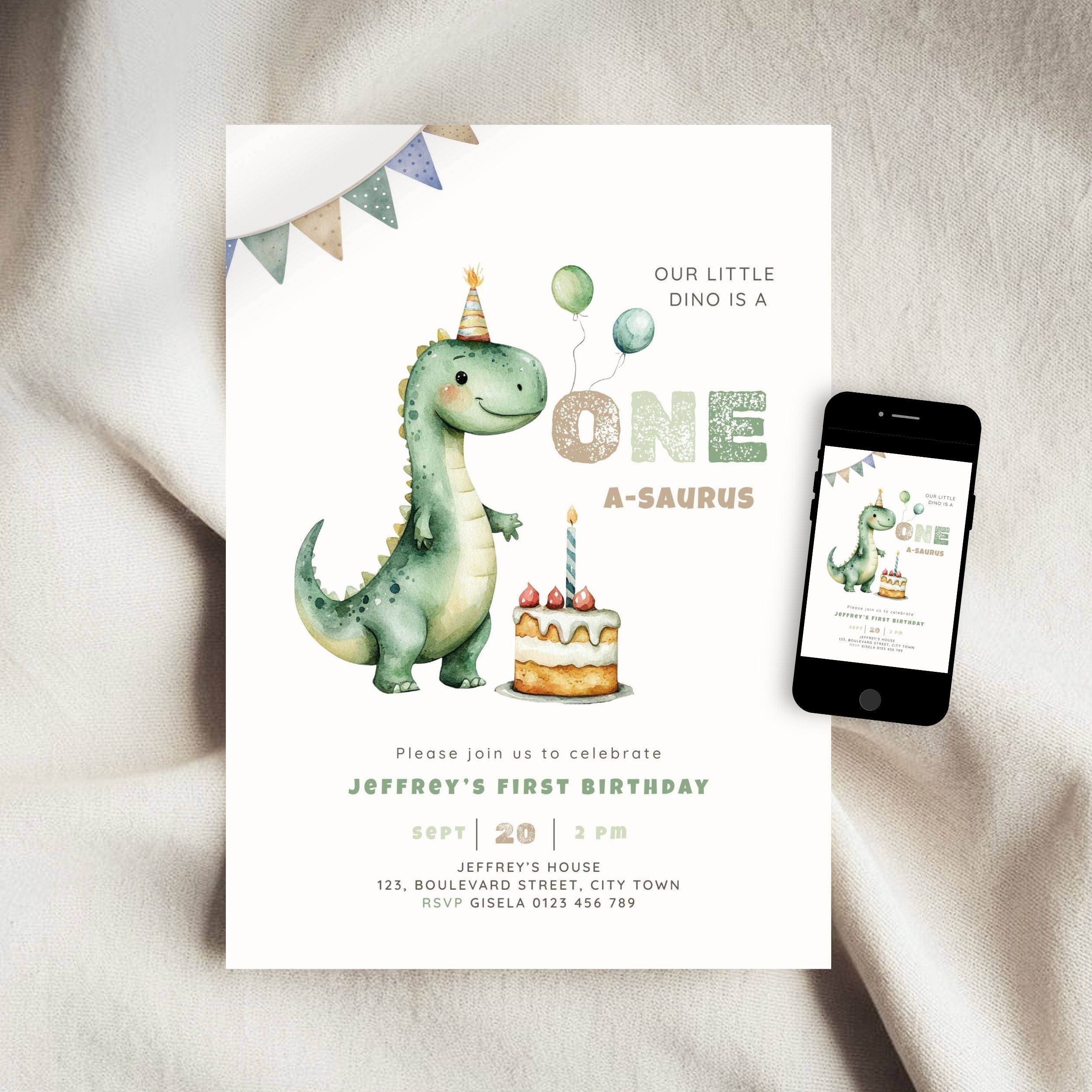 Green Dinosaur First Birthday Invitation