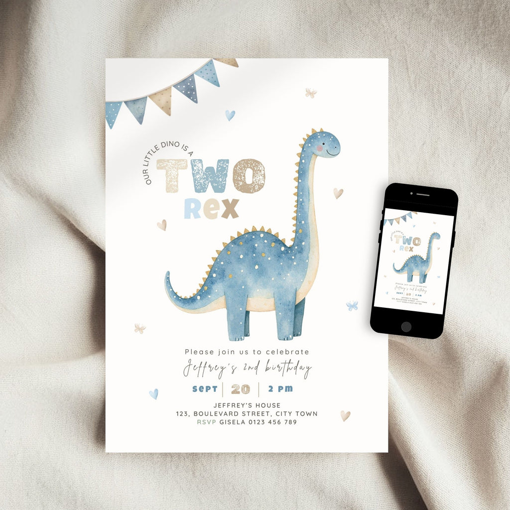 Blue Two Rex 2nd Birthday Invitation Template Boys