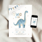 Blue Two Rex 2nd Birthday Invitation Template Boys