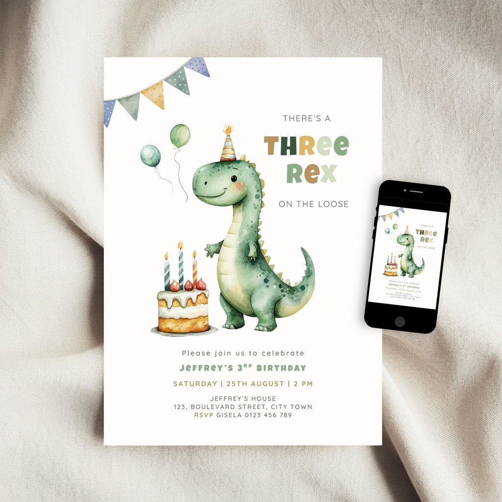 Green Dinosaur Three Rex 3rd Birthday Invitation Template