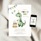 Green Dinosaur Three Rex 3rd Birthday Invitation Template