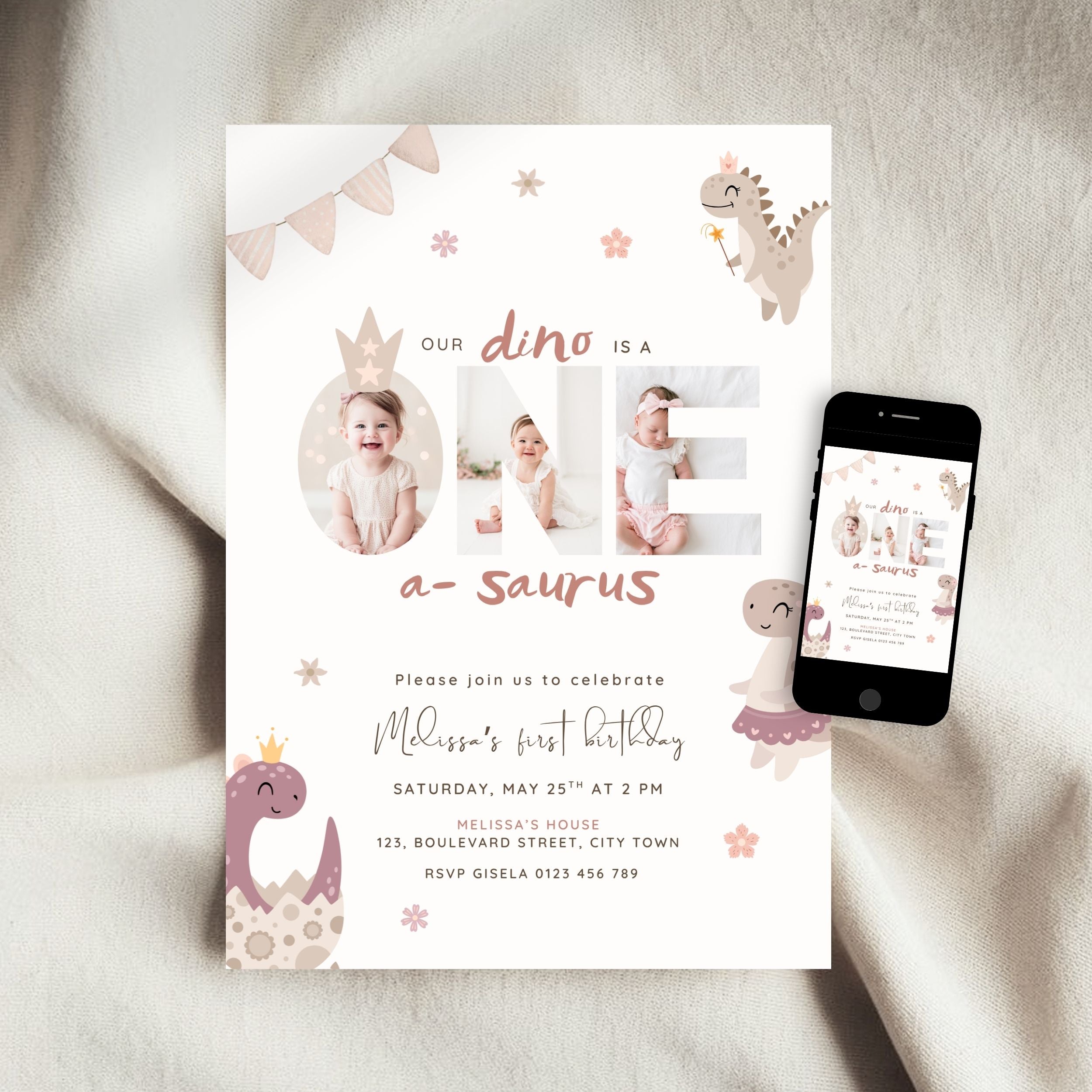 Pink Dinosaur First Birthday Photo Invitation Template Girls