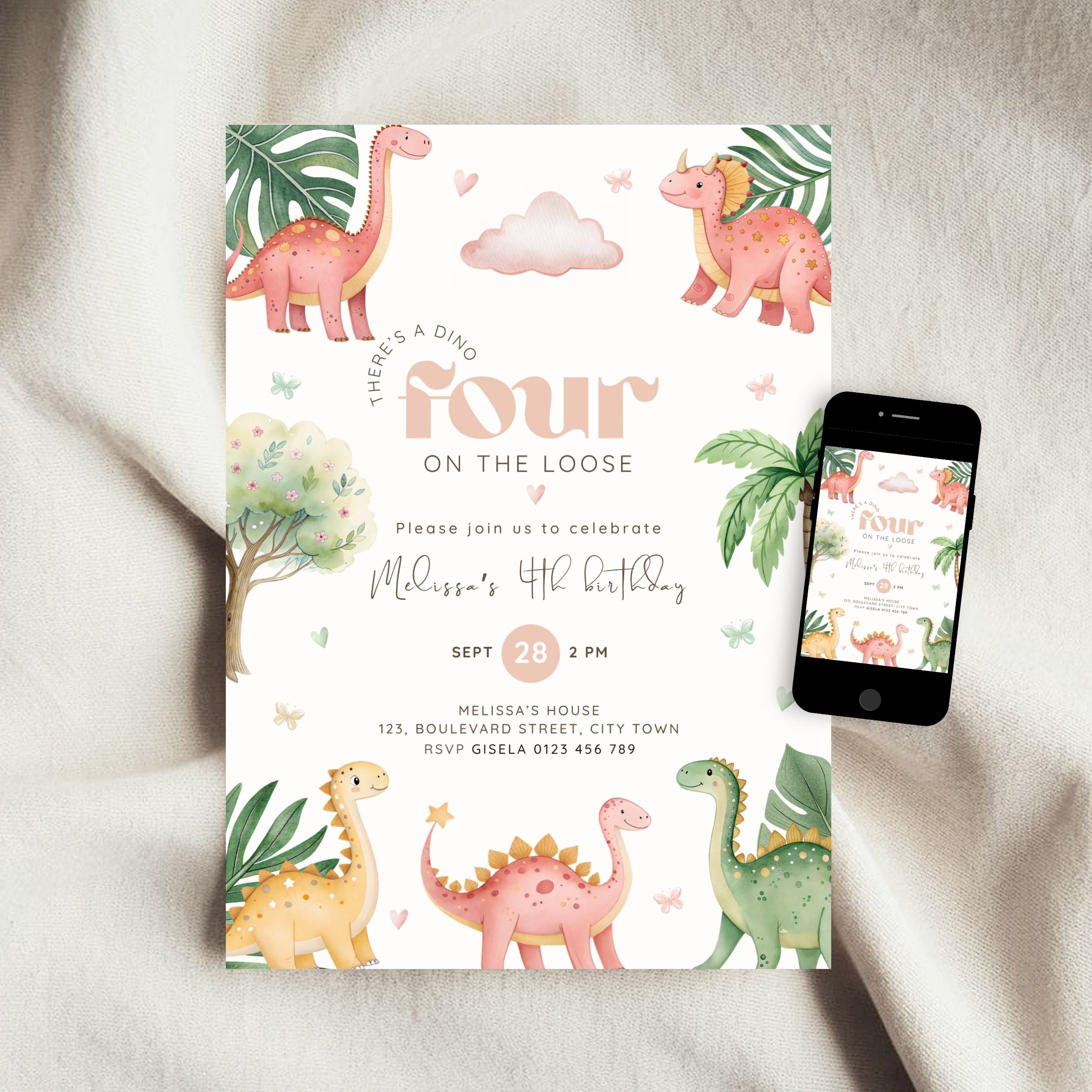 Dino Four 4th Birthday Invitation Template Girls