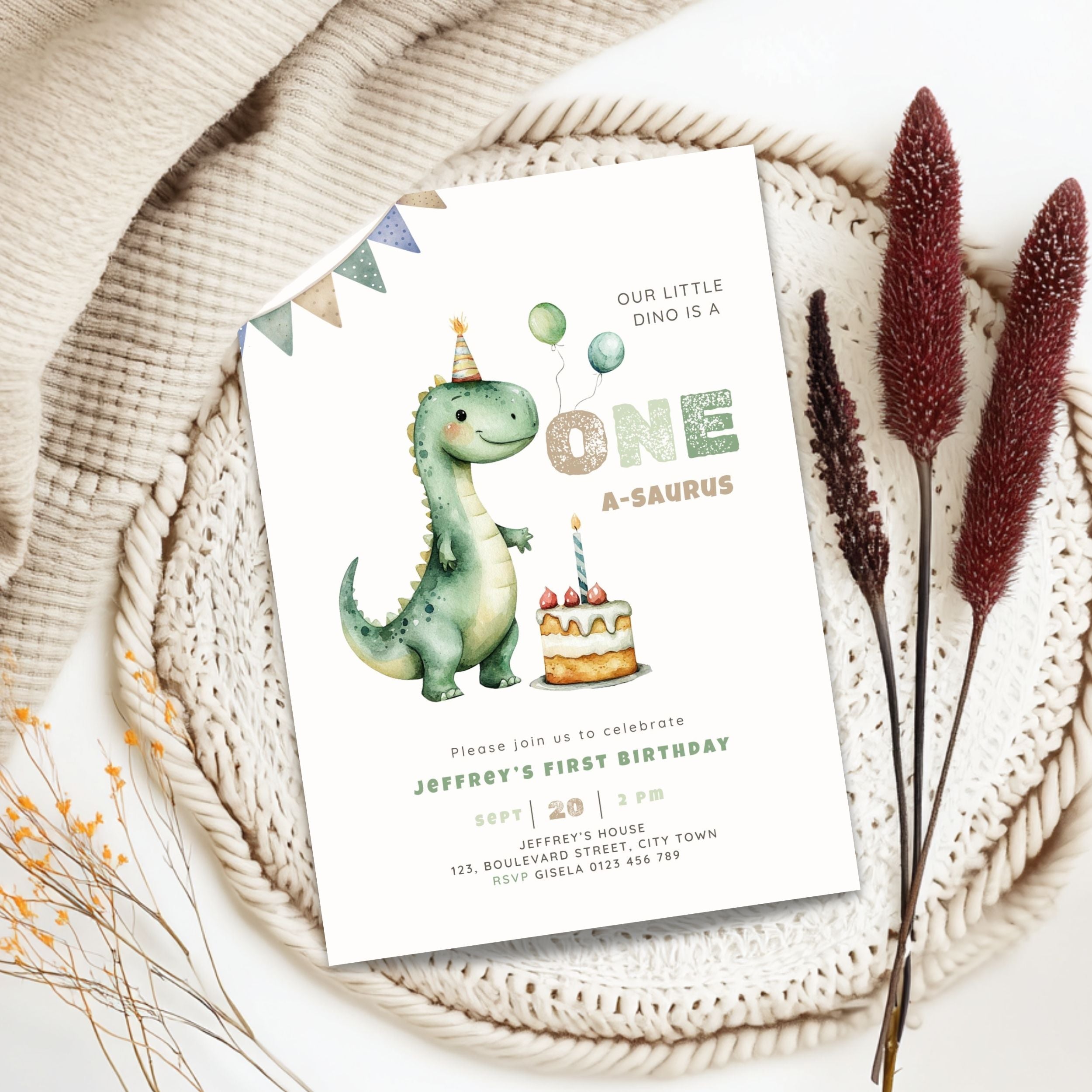 Green Dinosaur First Birthday Invitation