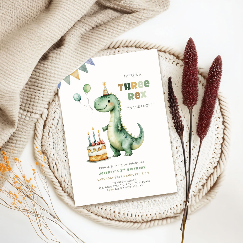Green Dinosaur Three Rex 3rd Birthday Invitation Template