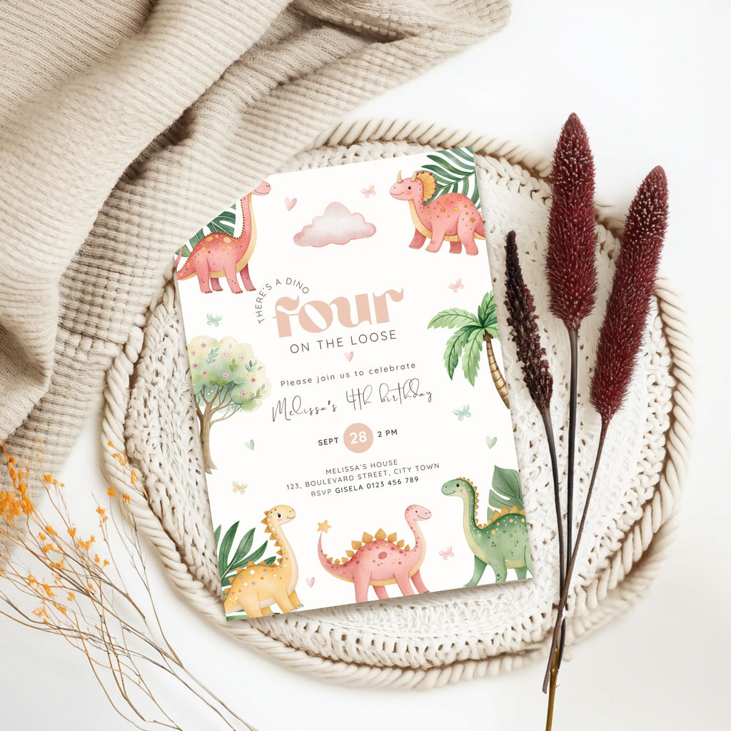 Dino Four 4th Birthday Invitation Template Girls