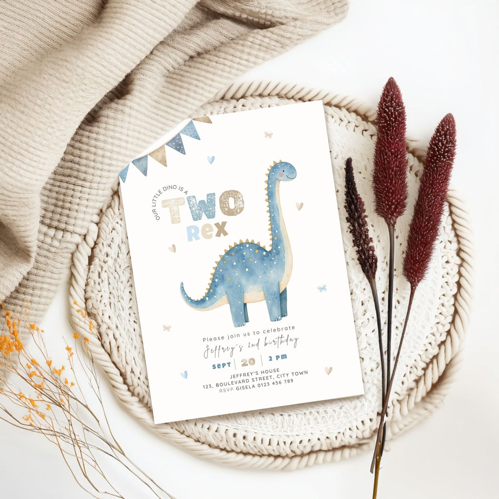 Blue Two Rex 2nd Birthday Invitation Template Boys