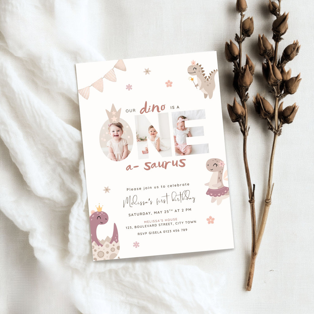 Pink Dinosaur First Birthday Photo Invitation Template Girls