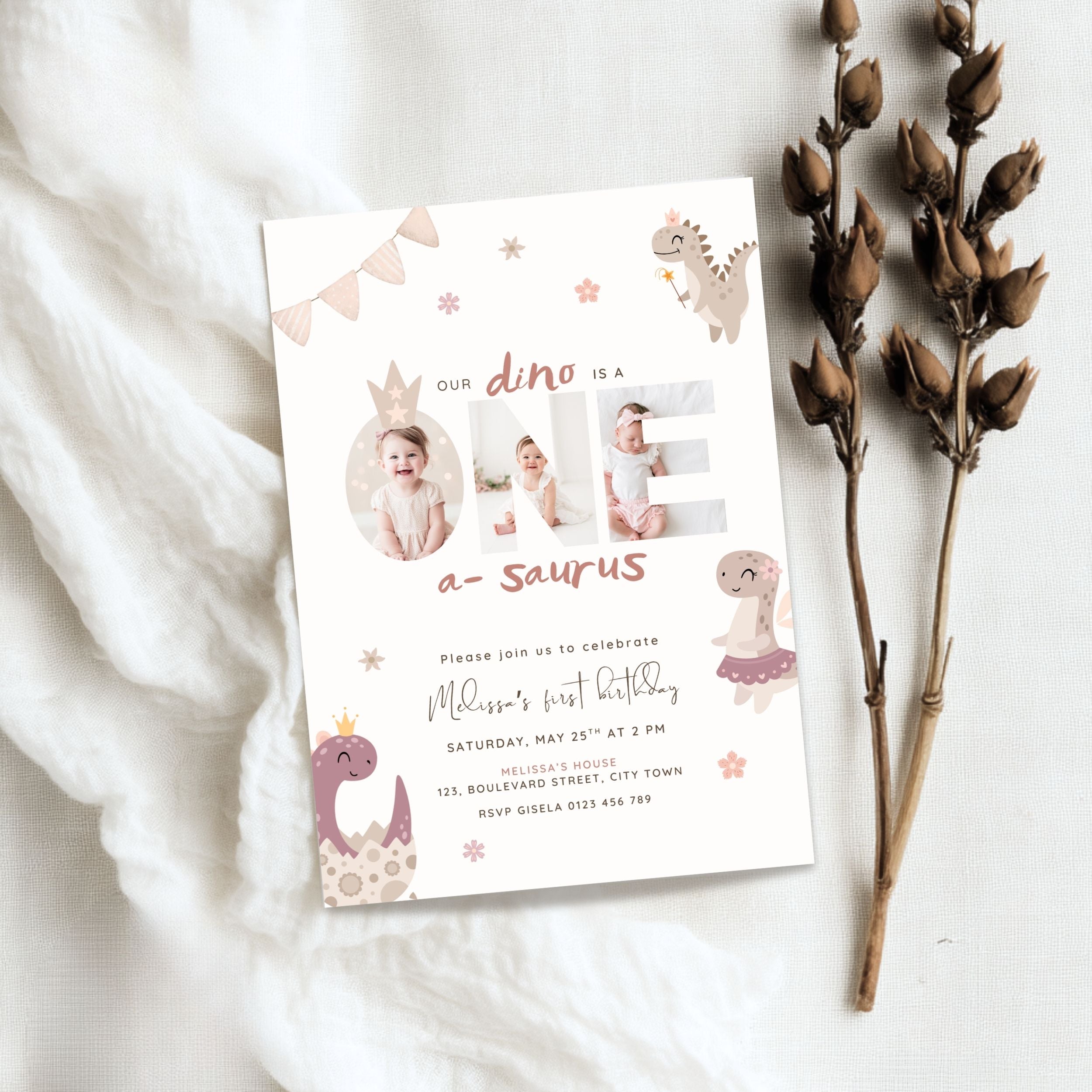 Pink Dinosaur First Birthday Photo Invitation Template Girls