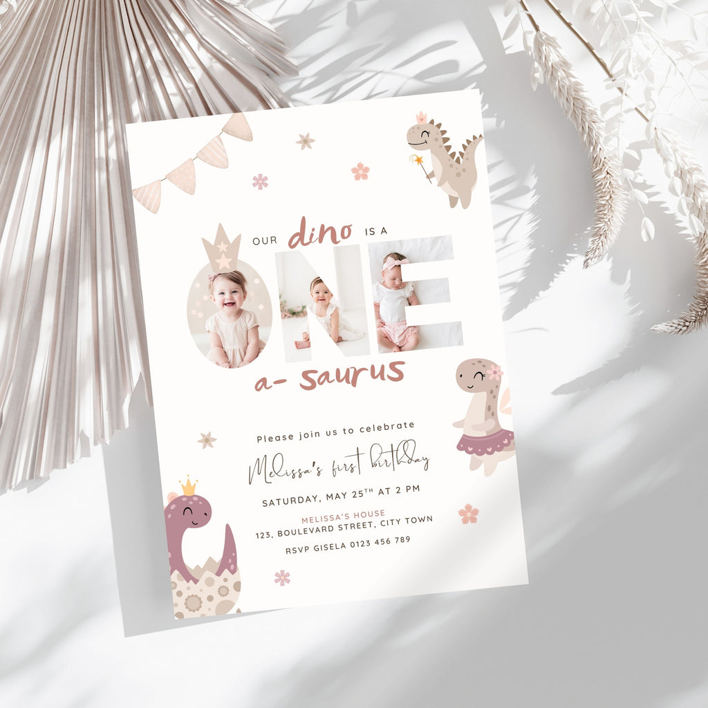 Pink Dinosaur First Birthday Photo Invitation Template Girls