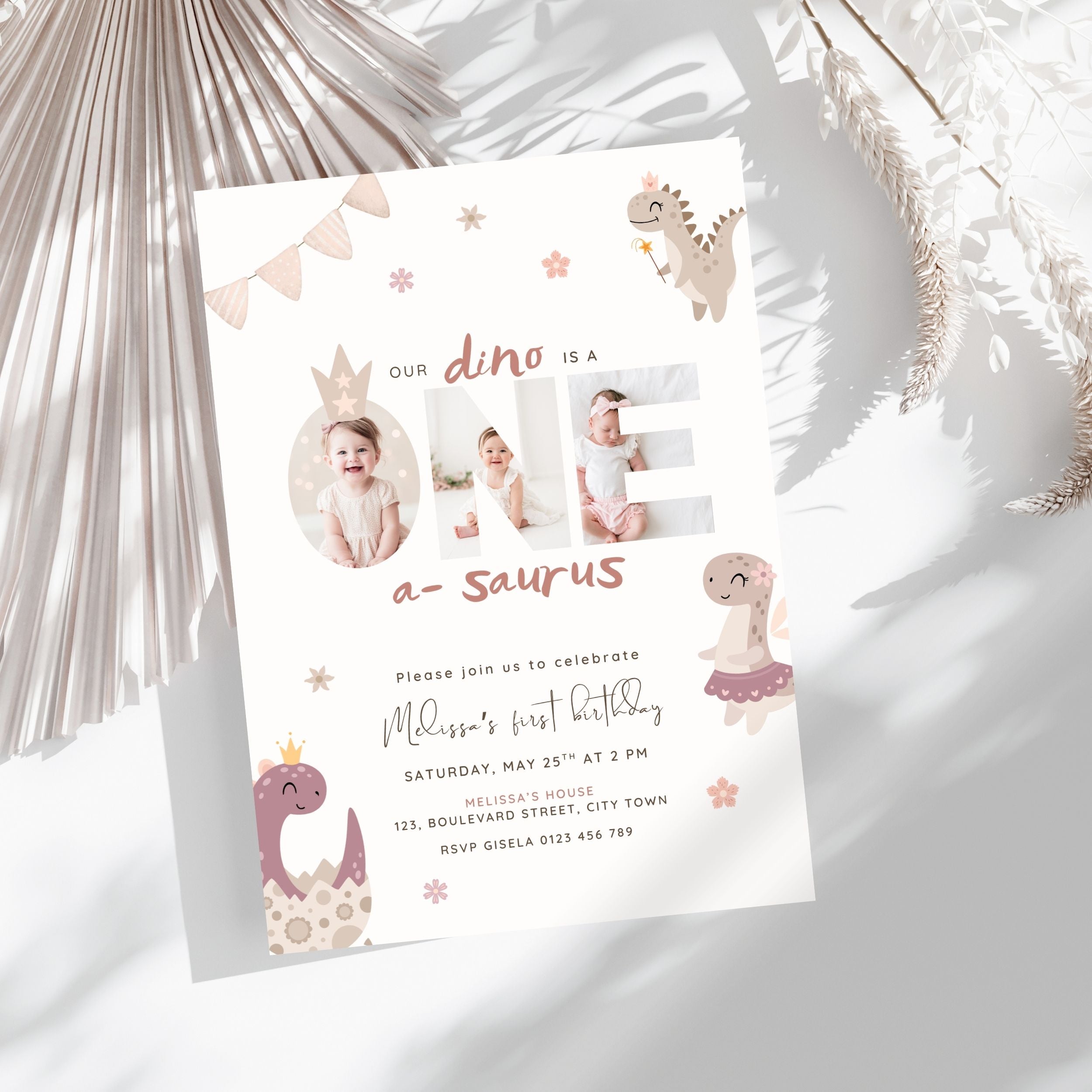 Pink Dinosaur First Birthday Photo Invitation Template Girls