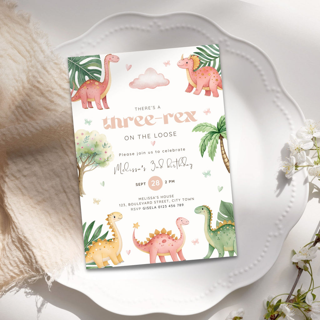 Dinosaur Three Rex 3rd Birthday Invitation Template Girls
