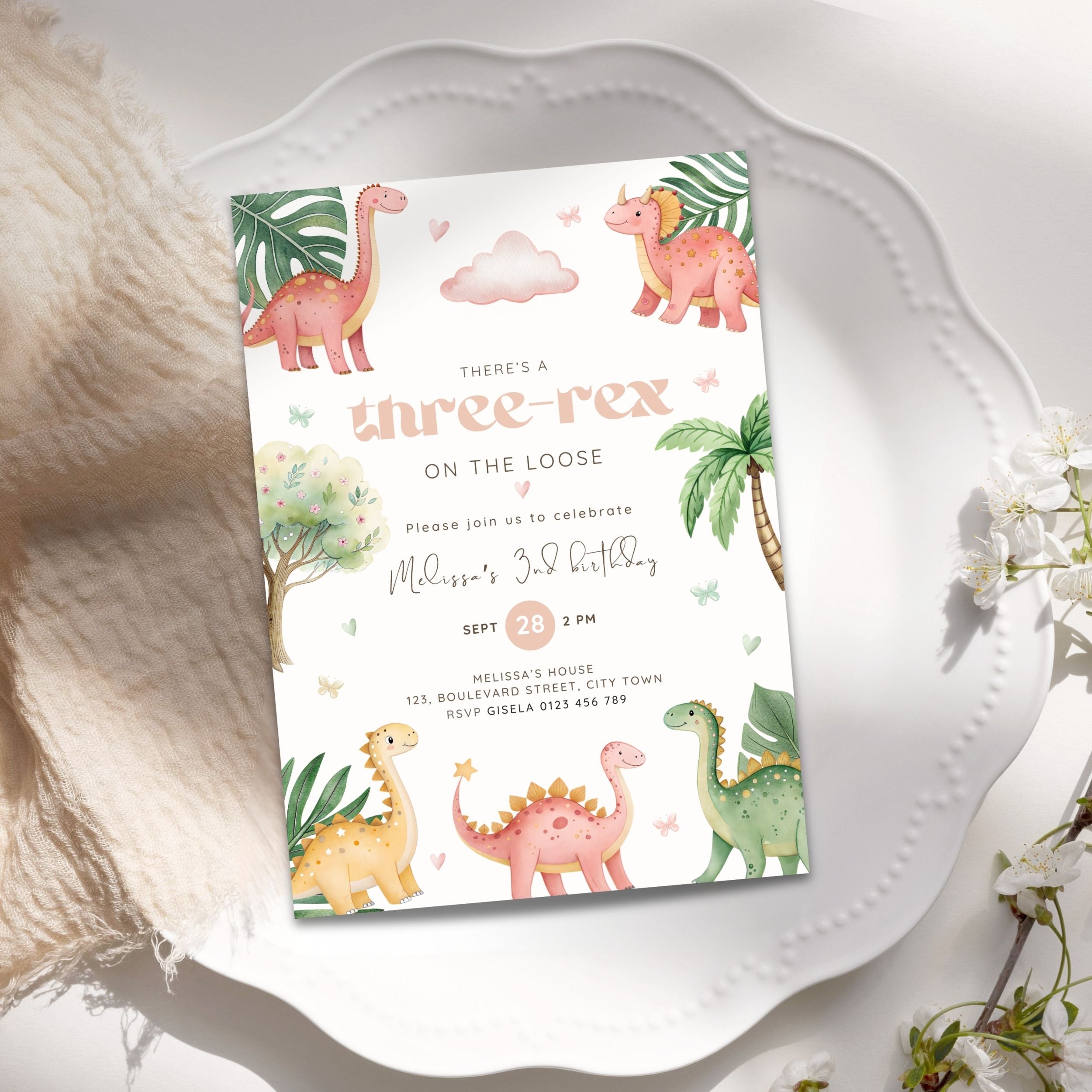 Dinosaur Three Rex 3rd Birthday Invitation Template Girls