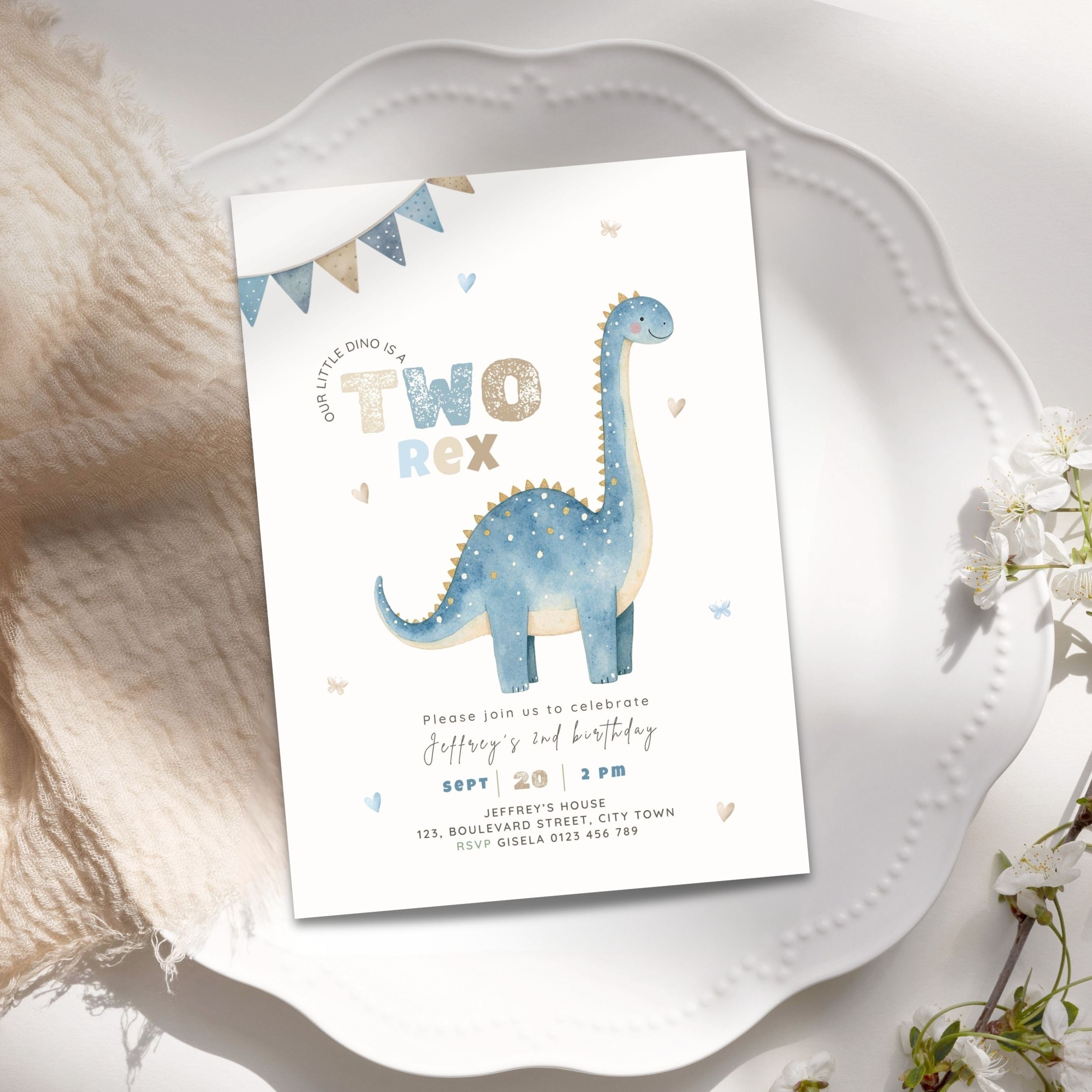 Blue Two Rex 2nd Birthday Invitation Template Boys