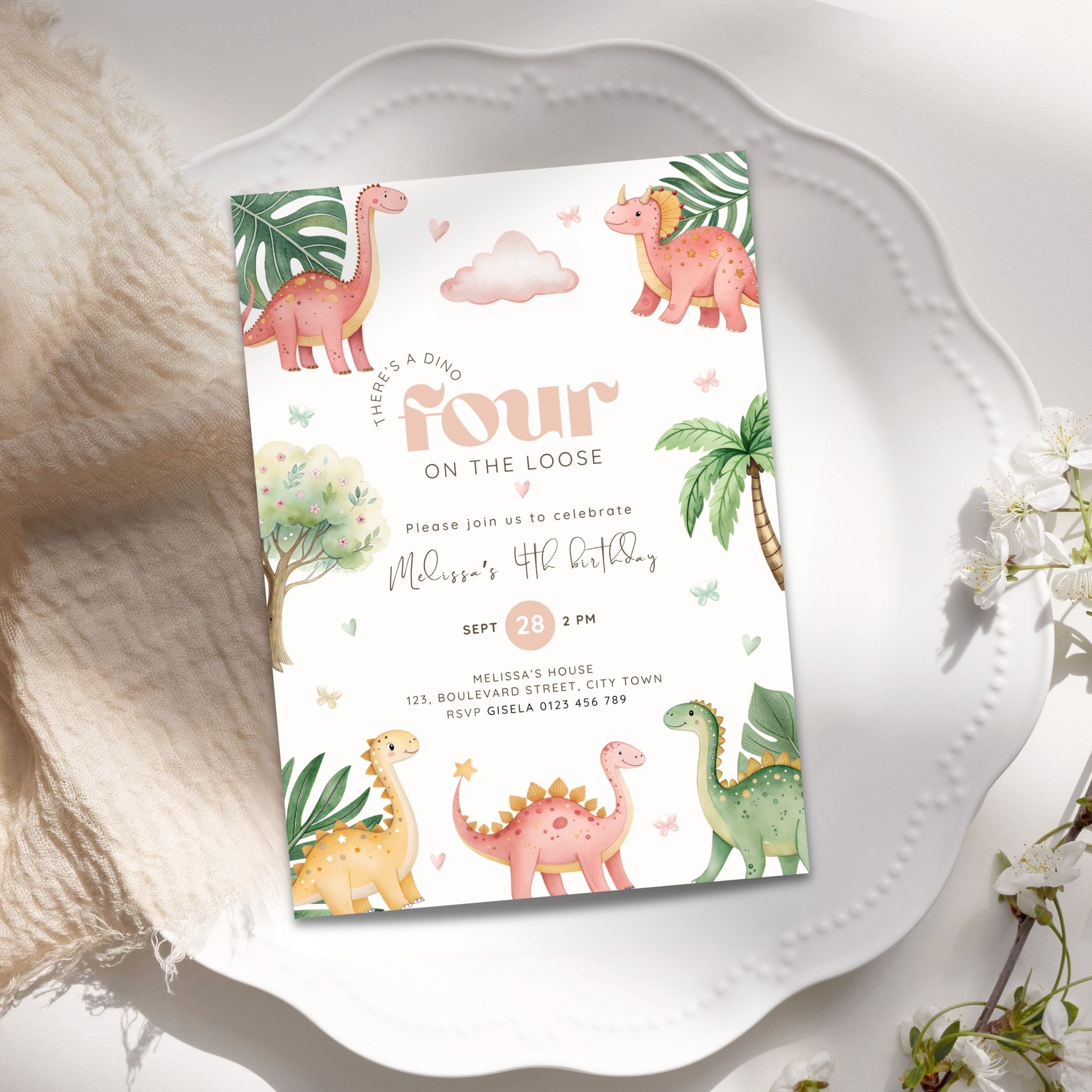 Dino Four 4th Birthday Invitation Template Girls
